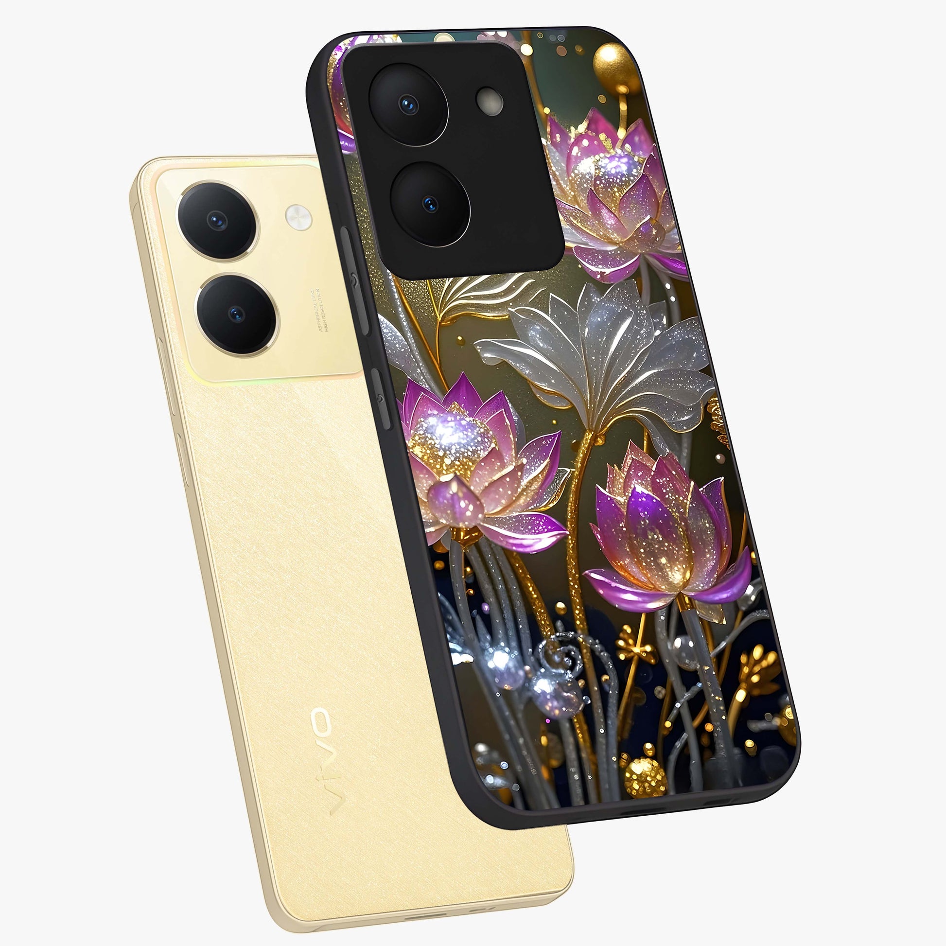 Golden Floral Majesty Glass Case displayed in angled mockup highlighting elegant flower design with royal golden aesthetic.