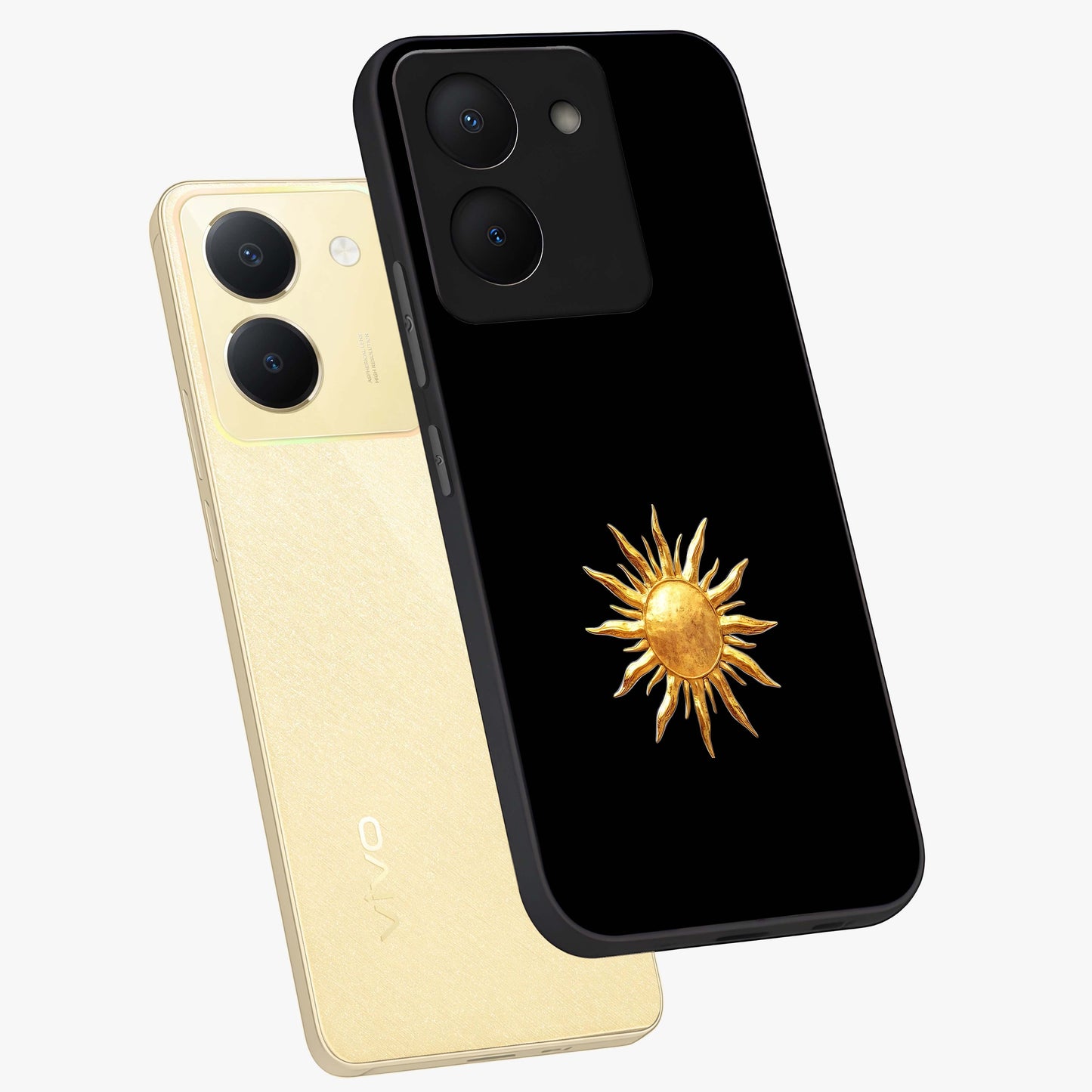 Golden Sun Minimalism Glass Case displayed in angled mockup highlighting eerie shadow illustration with gothic aesthetic.