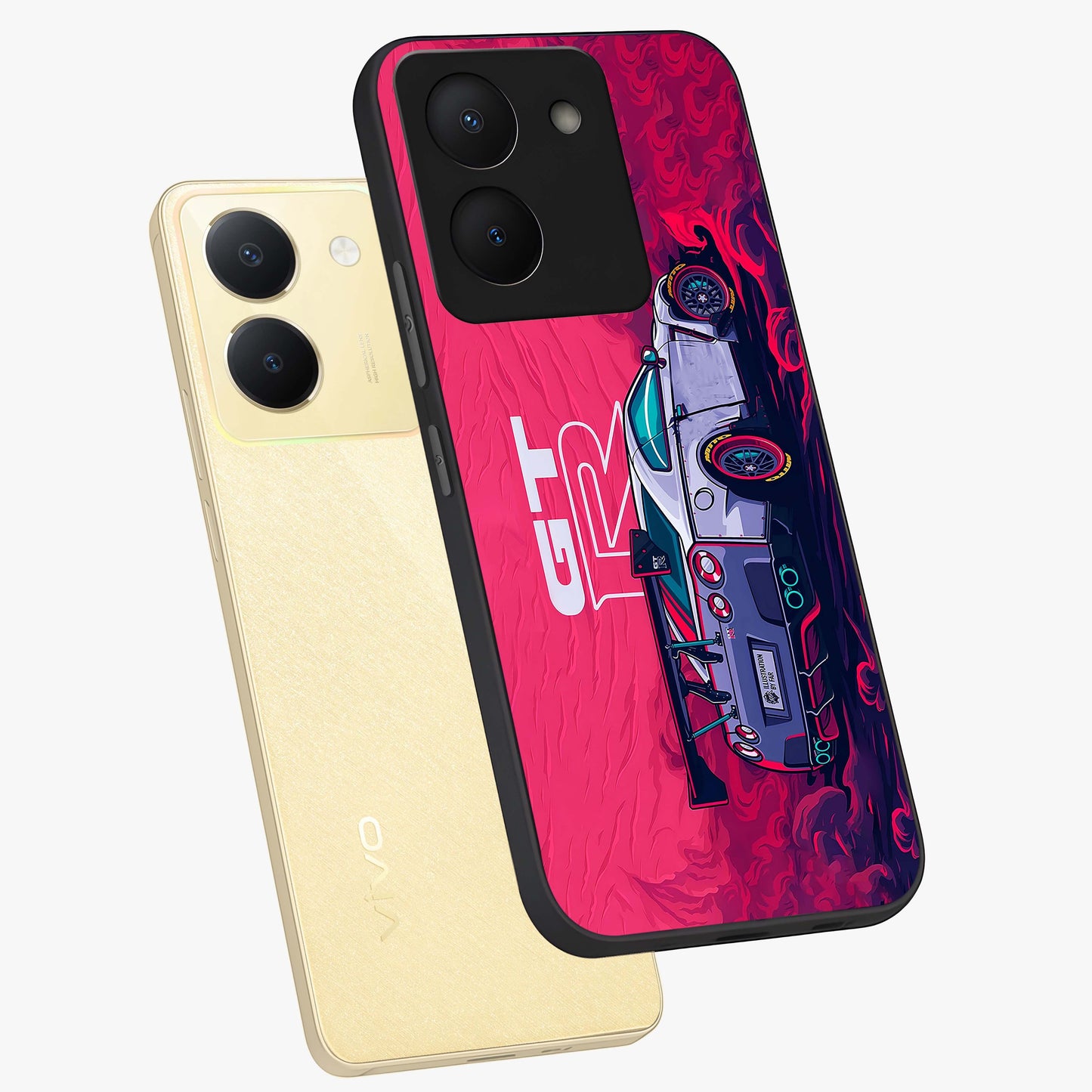 GT-R Car Pattern Glass Case displayed in angled mockup highlighting racing car graphic design with bold automotive aesthetic.