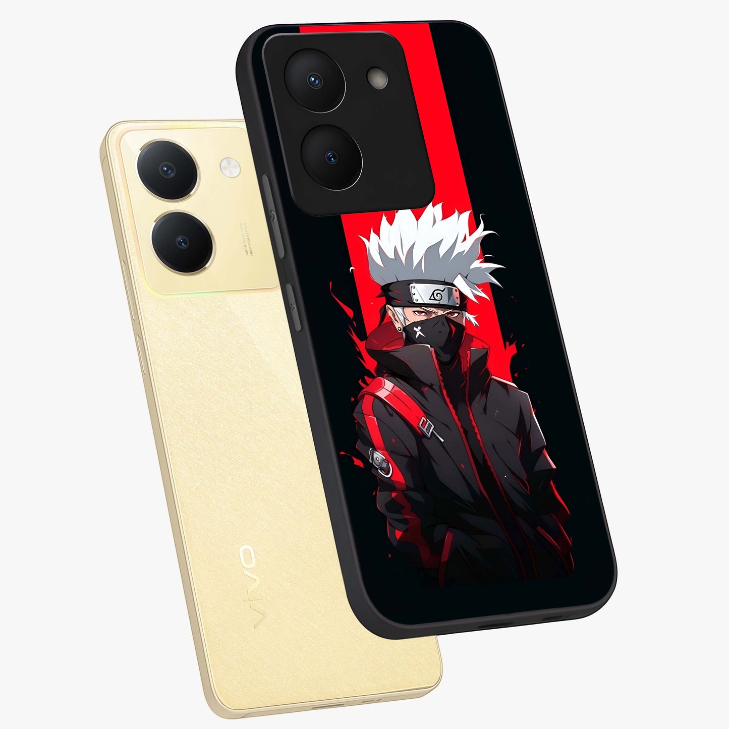 Kakashi Scarlet Shadow Glass Case displayed in angled mockup highlighting dramatic ninja illustration with scarlet themed aesthetic.