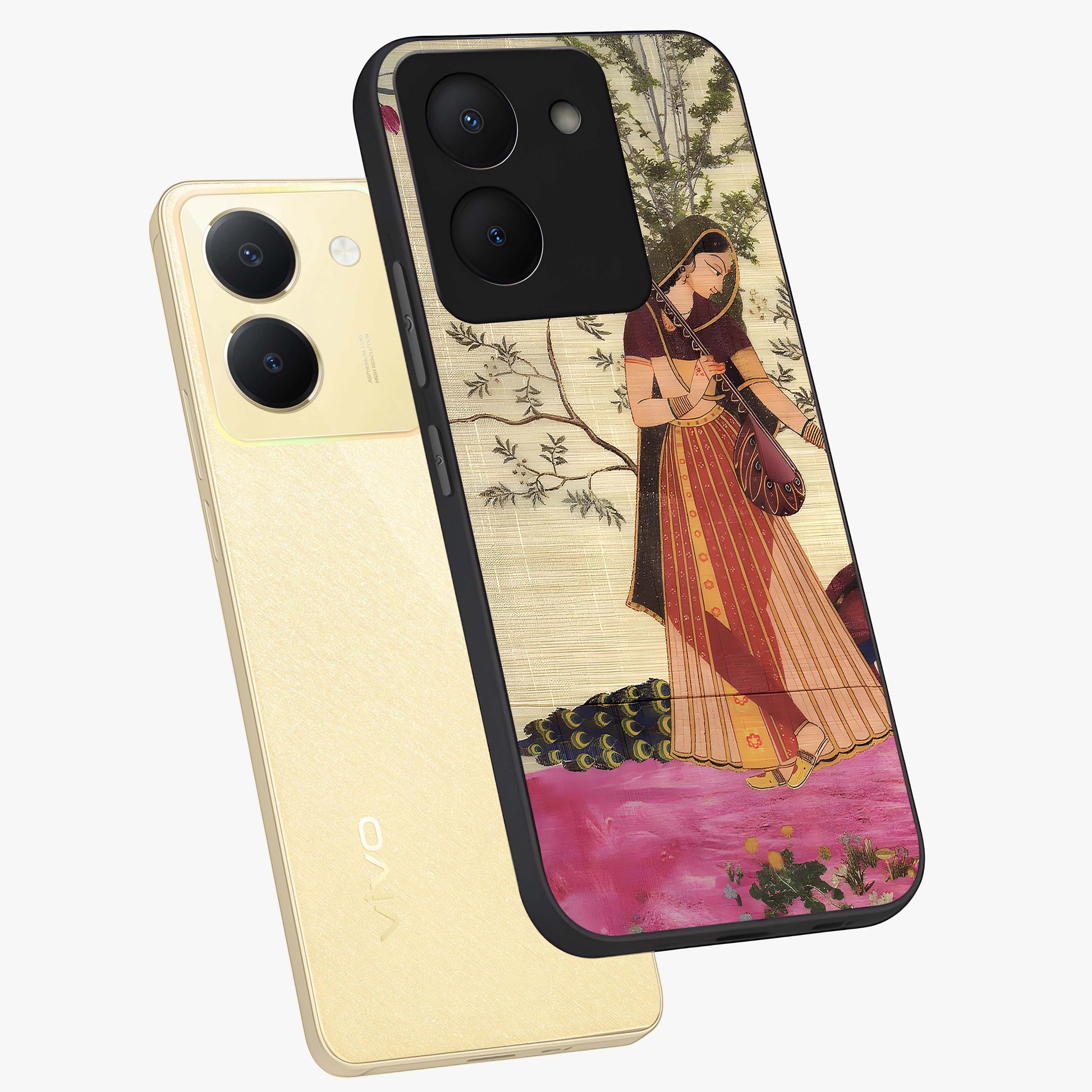Lady With Veena Art Glass Case displayed in angled mockup highlighting graceful musical illustration with cultural artistic aesthetic.