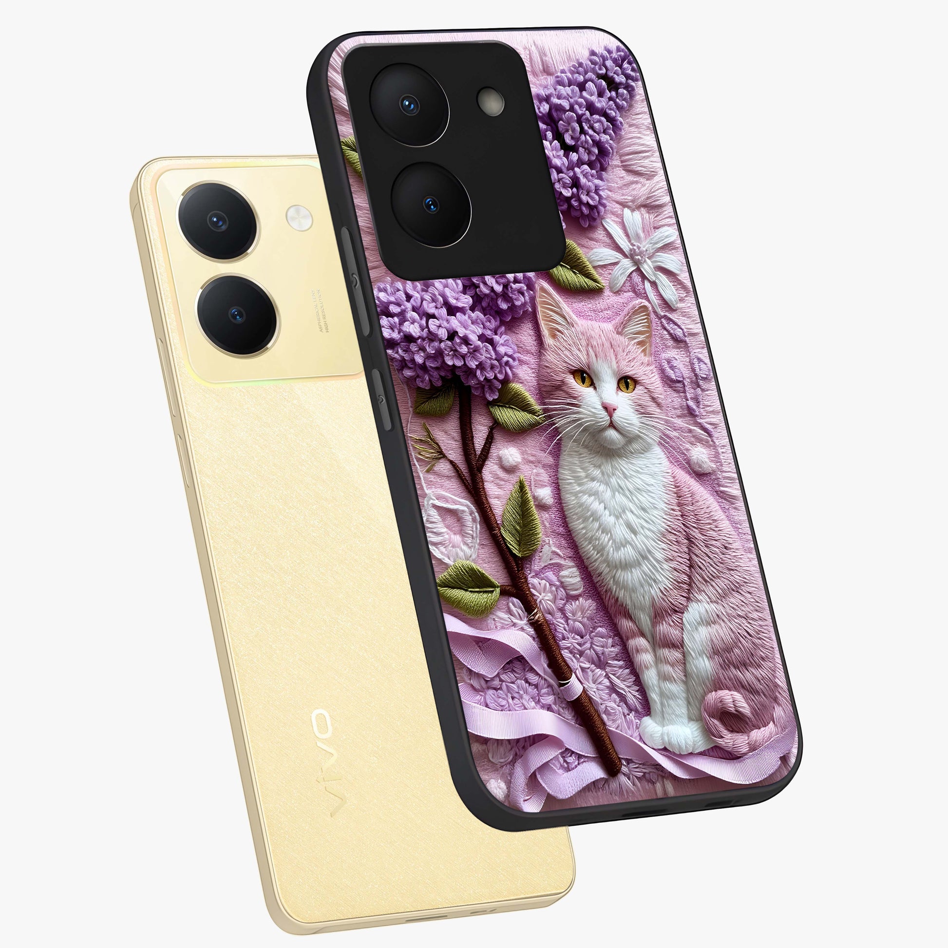 Lavender Cat Whimsy Glass Case displayed in angled mockup highlighting playful feline illustration with pastel lavender aesthetic.