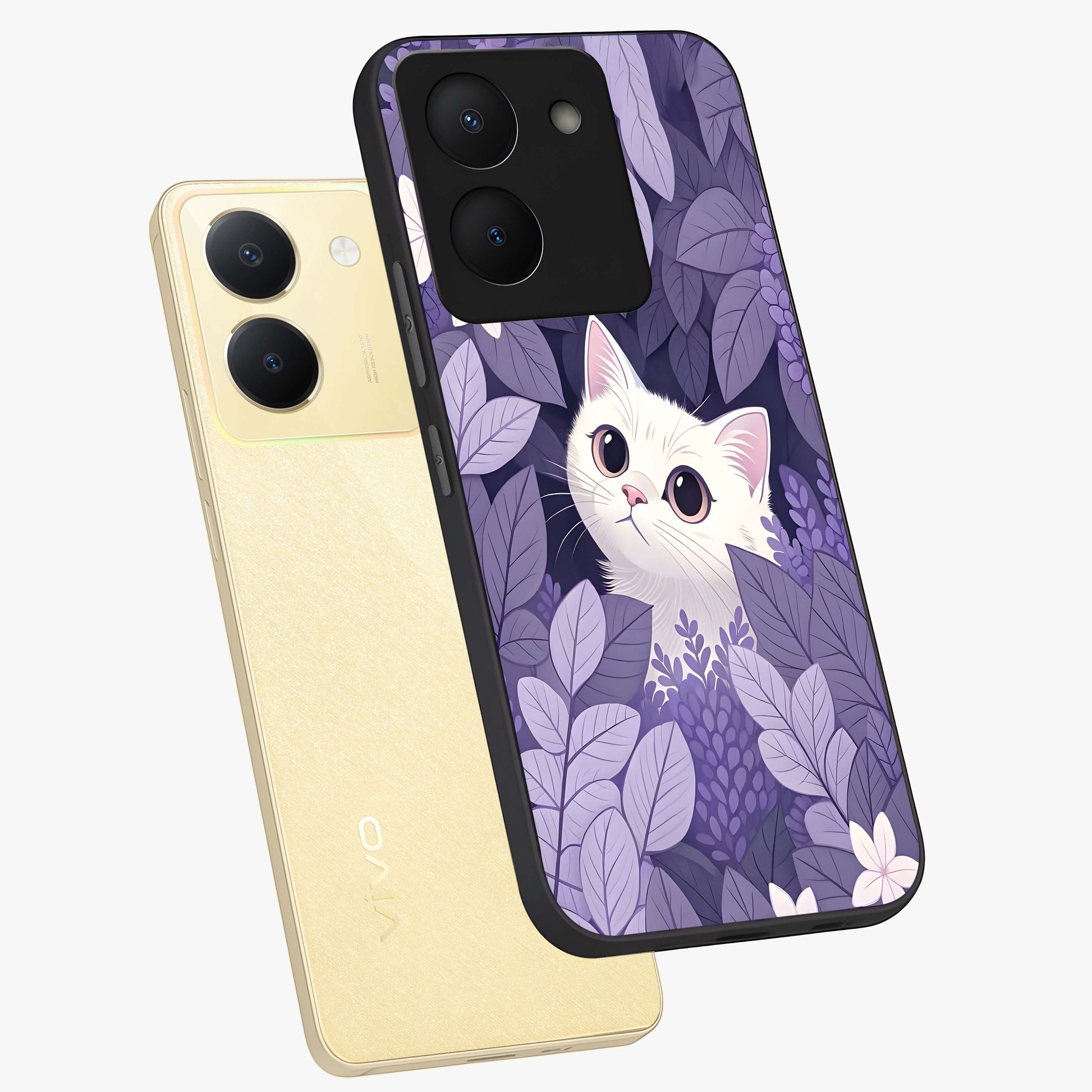 Lilac Hide Peek Cat Glass Case displayed in angled mockup highlighting playful feline illustration with lilac aesthetic design.