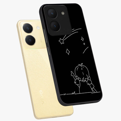 Line Art Girl With Shooting Stars Glass Case displayed in angled mockup highlighting elegant line art design with dreamy star aesthetic.