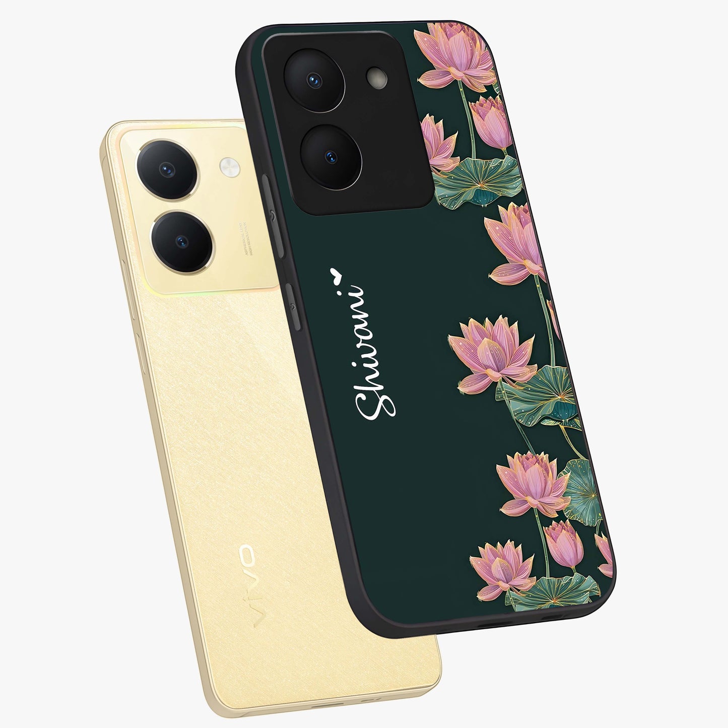 Lotus Bloom Serenity Custom Name Glass Case displayed in angled mockup highlighting graceful lotus illustration with custom name feature.