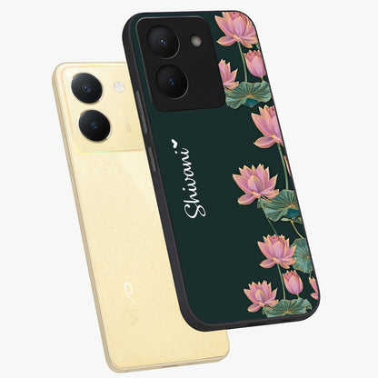 Lotus Bloom Serenity Custom Name Glass Case displayed in angled mockup highlighting graceful lotus illustration with custom name feature.
