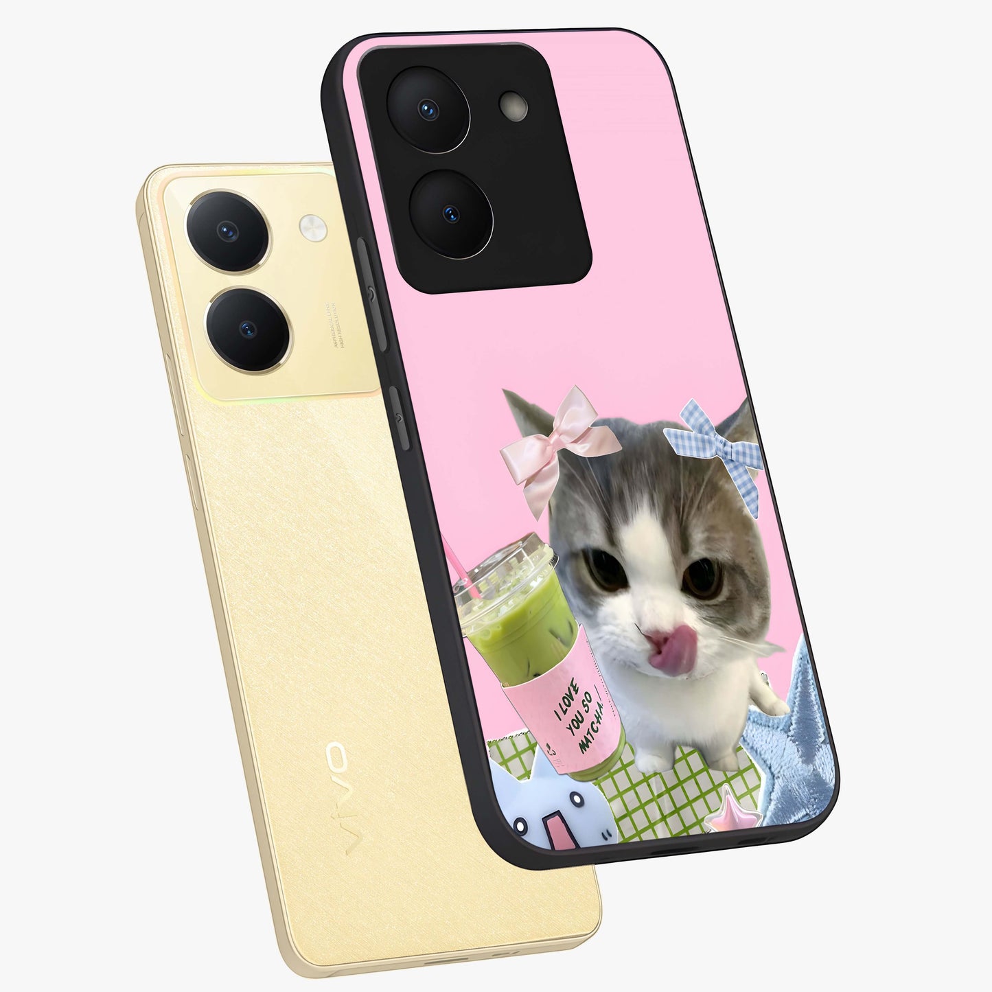 Love Matcha Cat Glass Case displayed in angled mockup highlighting playful feline illustration with cozy matcha aesthetic.