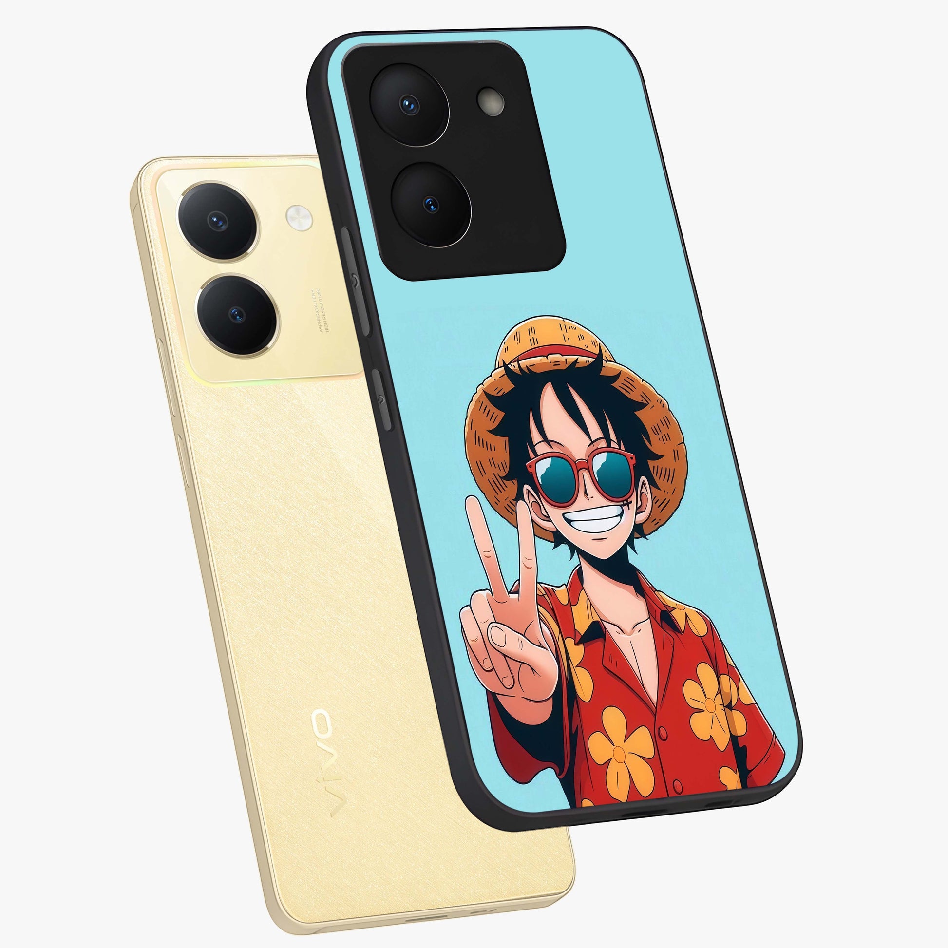 Luffy Summer Anime Vibe Glass Case displayed in angled mockup highlighting energetic anime illustration with summer vibe aesthetic.