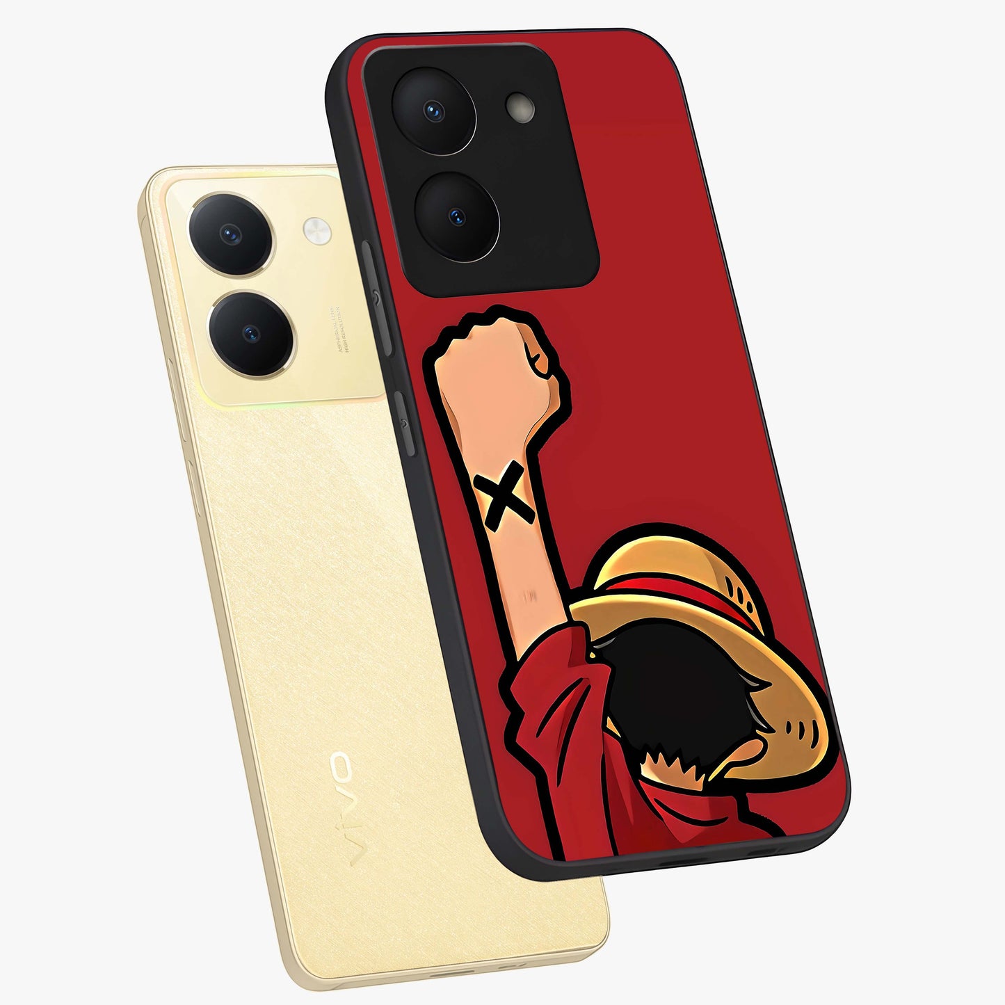 Luffy X Spirit Glass Case displayed in angled mockup highlighting powerful anime design with energetic action aesthetic.