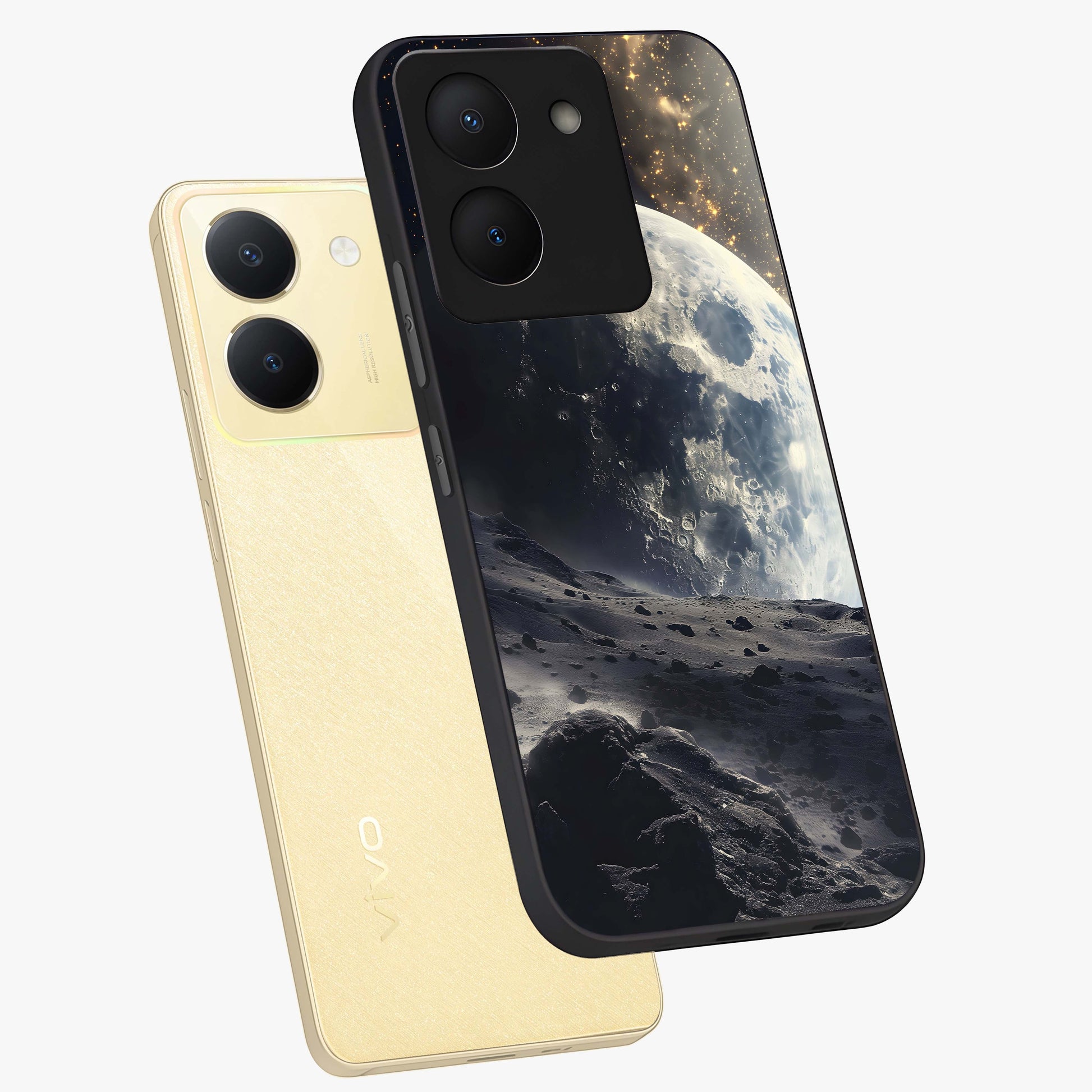 Lunar Horizon Glow Glass Case displayed in angled mockup highlighting celestial moon design with dreamy night aesthetic.