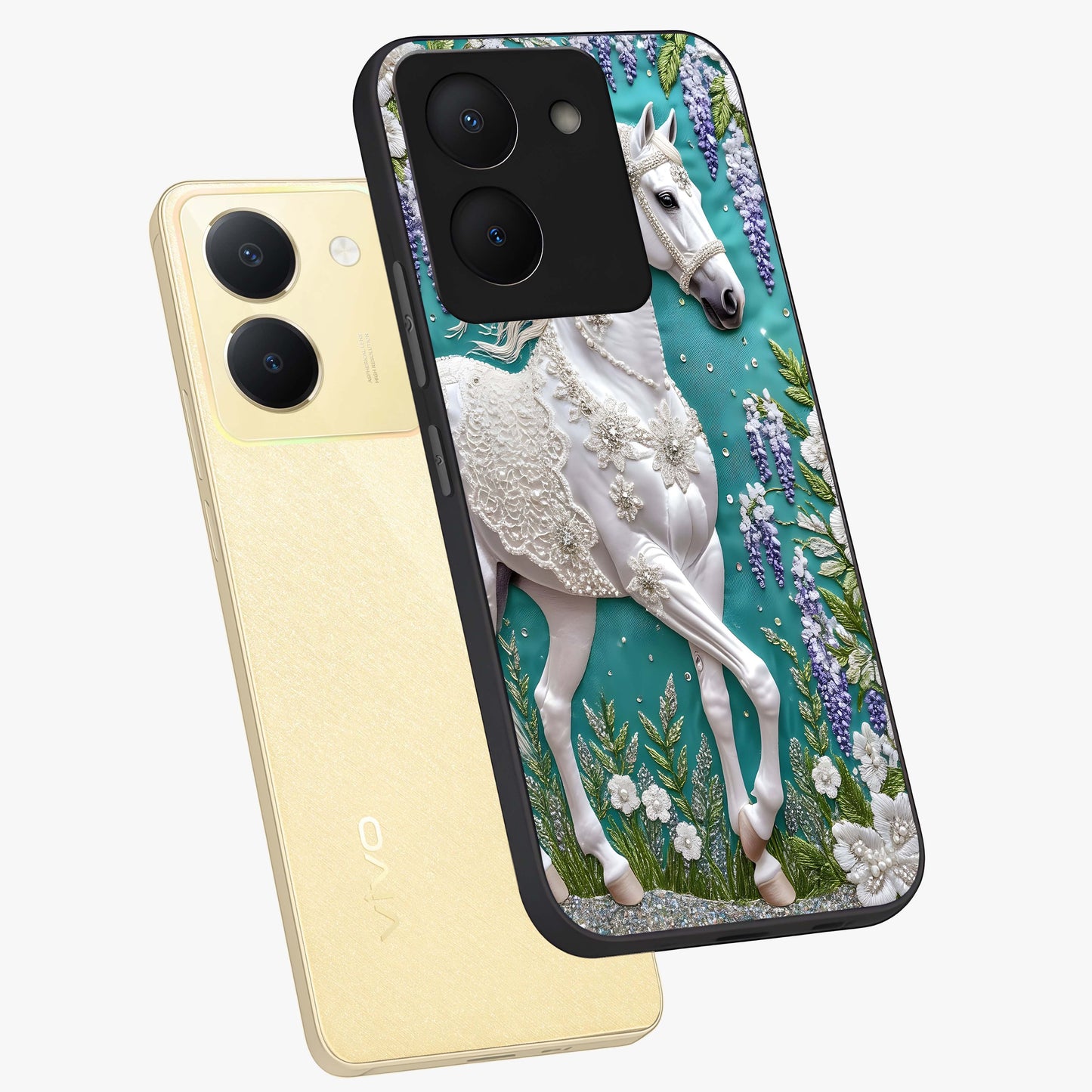 Majestic Floral Stallion Glass Case displayed in angled mockup highlighting majestic stallion illustration with elegant floral aesthetic.