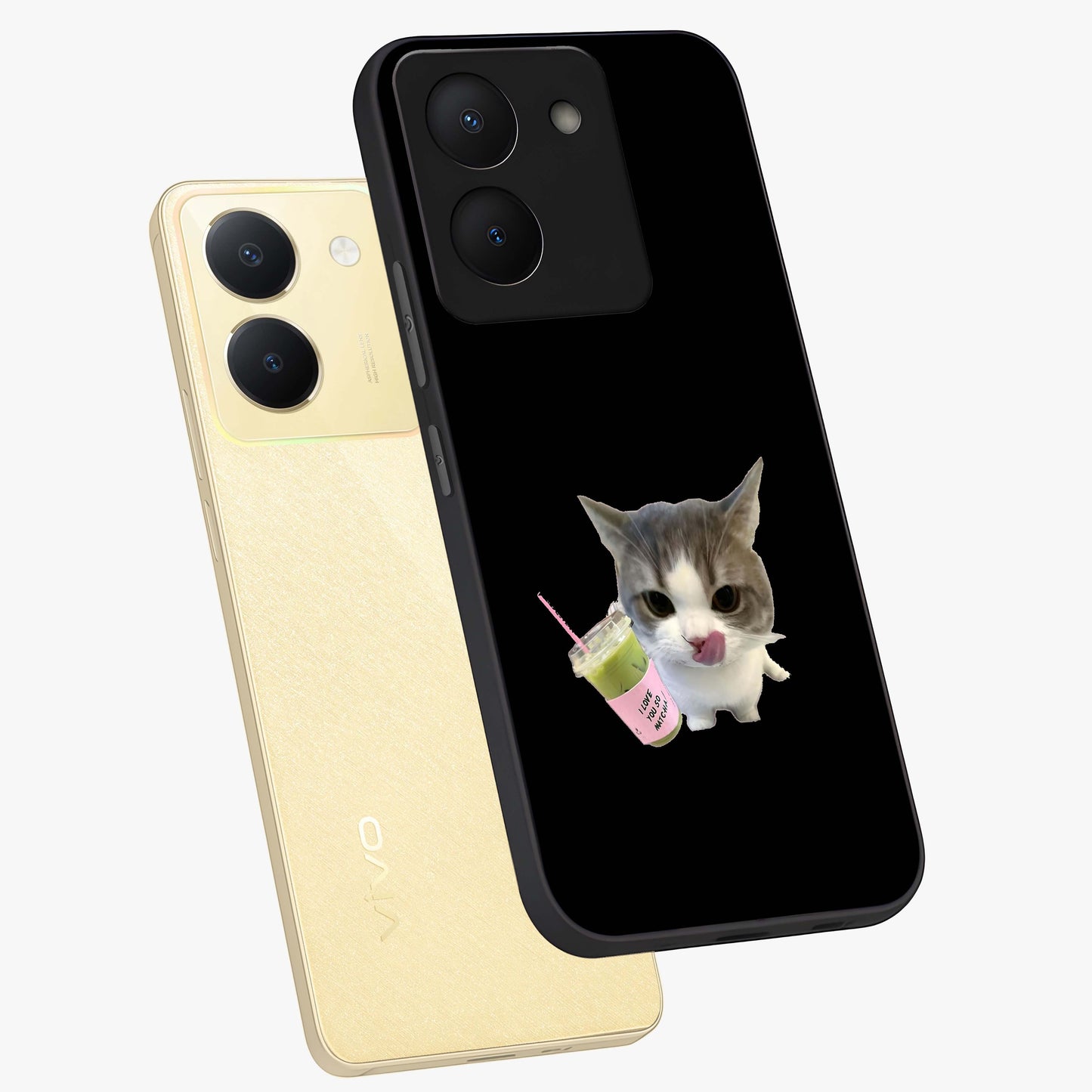 Matcha Cat Style Glass Case displayed in angled mockup highlighting playful feline design with pastel matcha aesthetic.