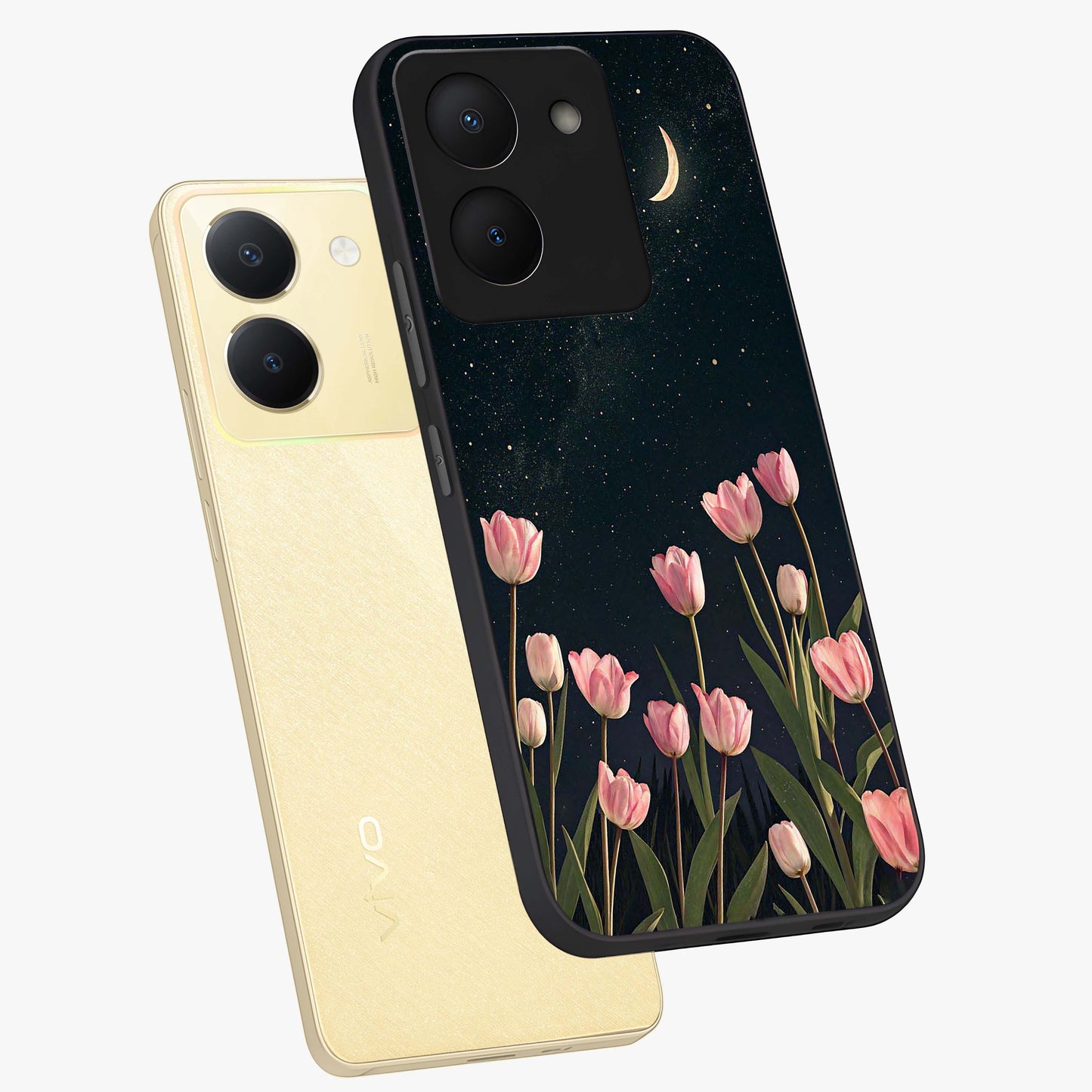 Midnight Tulip Whispers Vibe Glass Case displayed in angled mockup highlighting delicate tulip design with midnight floral aesthetic.