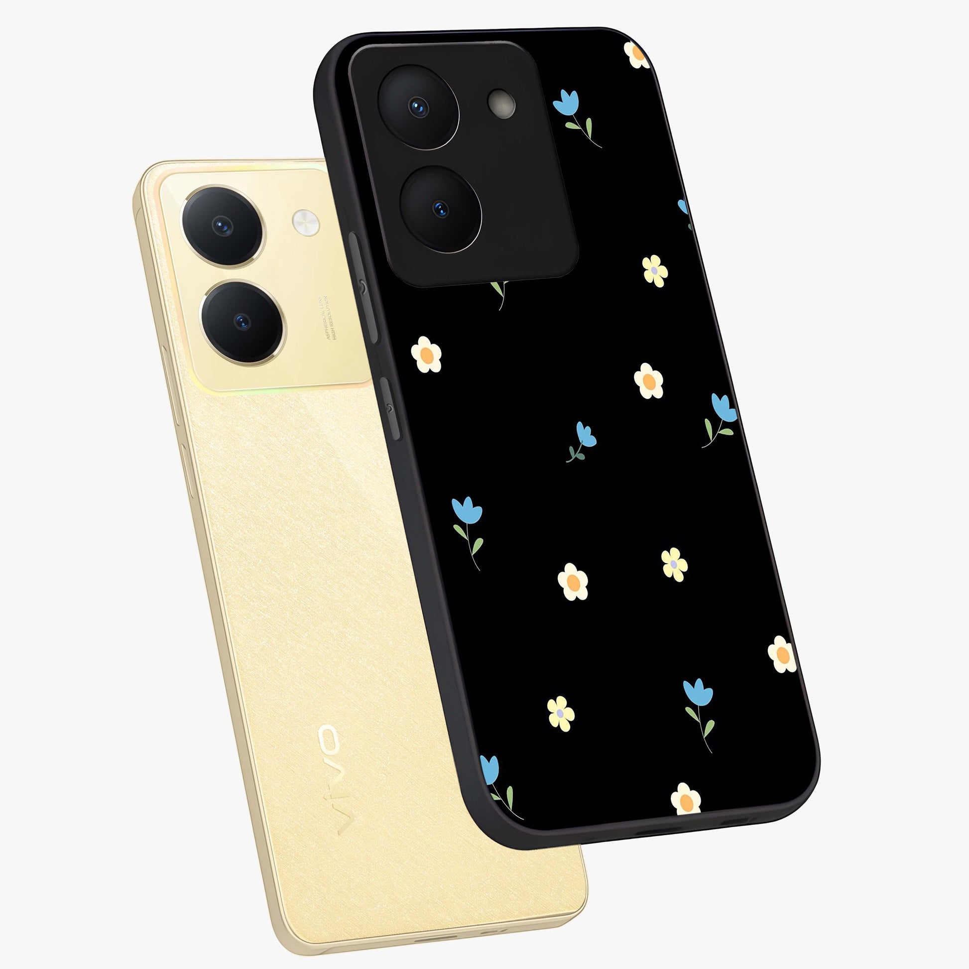 Minimal Petal Whispers Glass Case displayed in angled mockup highlighting delicate petal design with clean minimal aesthetic.
