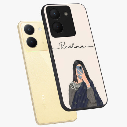 Mirror Mood Muse With Custom Name Glass Case displayed in angled mockup highlighting aesthetic mirror inspired design with custom name feature.