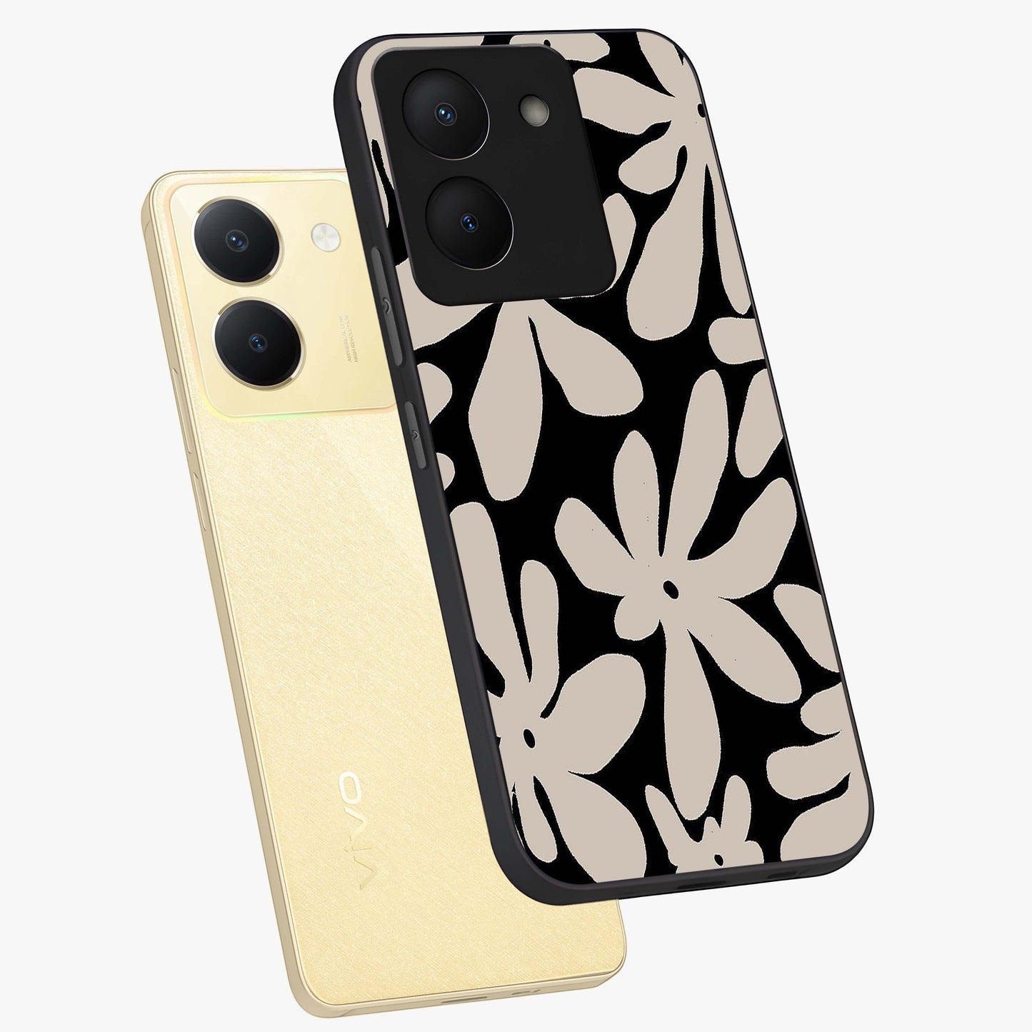 Monochrome Petal Dance Glass Case displayed in angled mockup highlighting elegant petal design with black and white aesthetic.