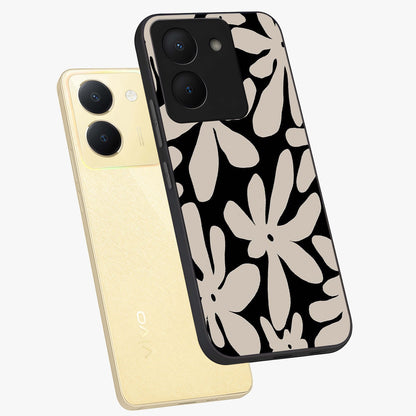 Monochrome Petal Dance Glass Case displayed in angled mockup highlighting elegant petal design with black and white aesthetic.
