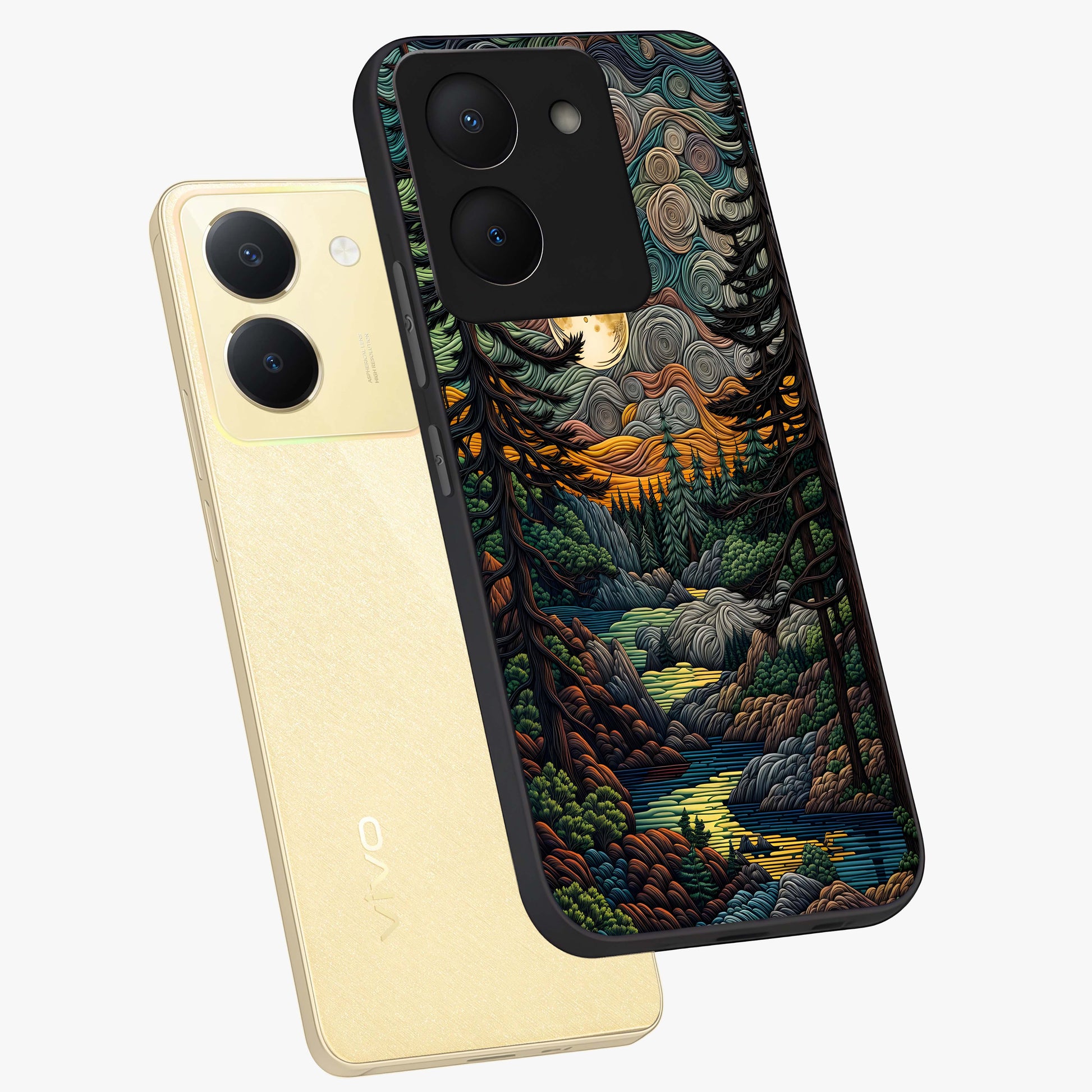 Moonlight Forest Dream Glass Case displayed in angled mockup highlighting dreamy forest design with glowing moon aesthetic.
