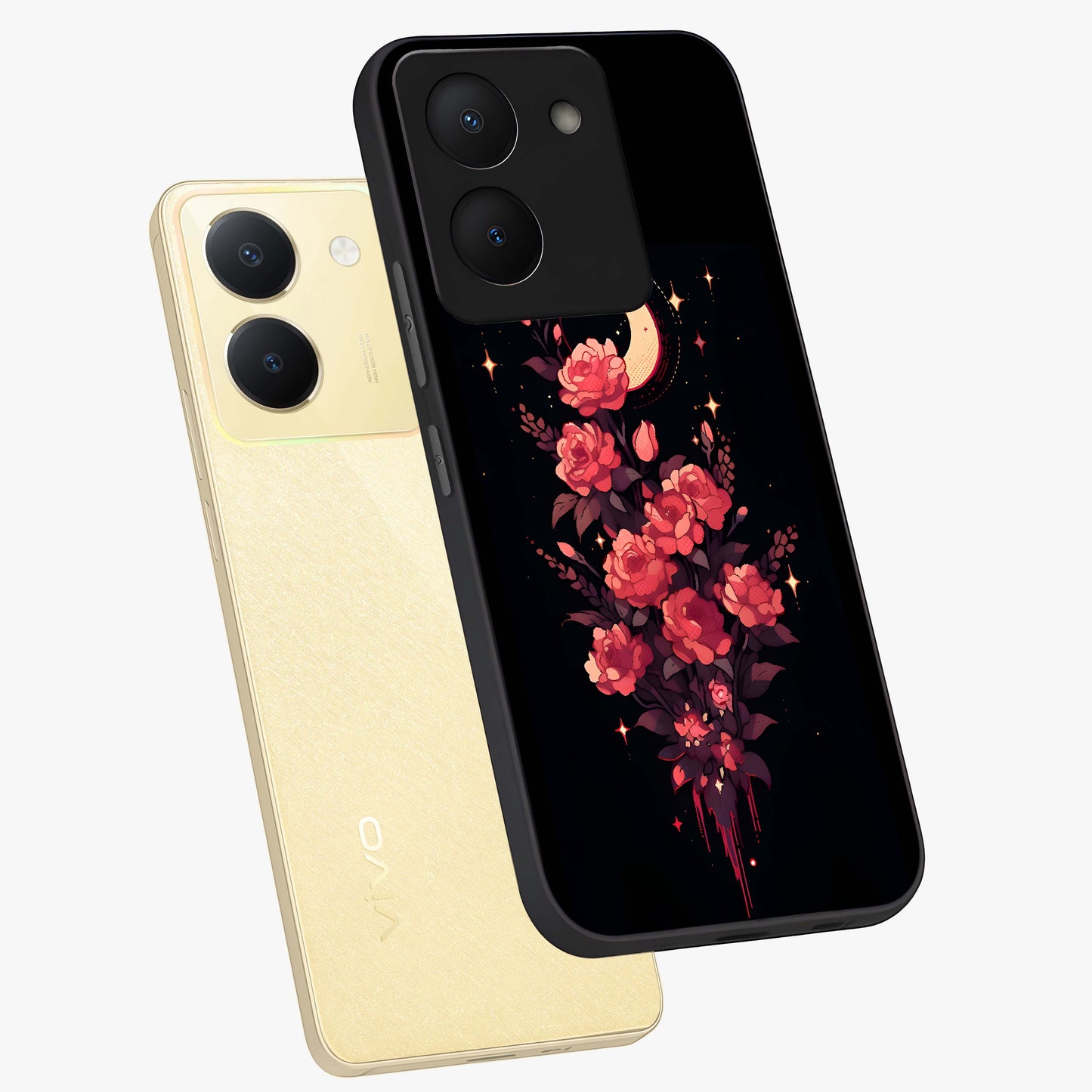 Moonlit Floral Elegance Glass Case displayed in angled mockup highlighting graceful flower design with soft moonlight aesthetic.