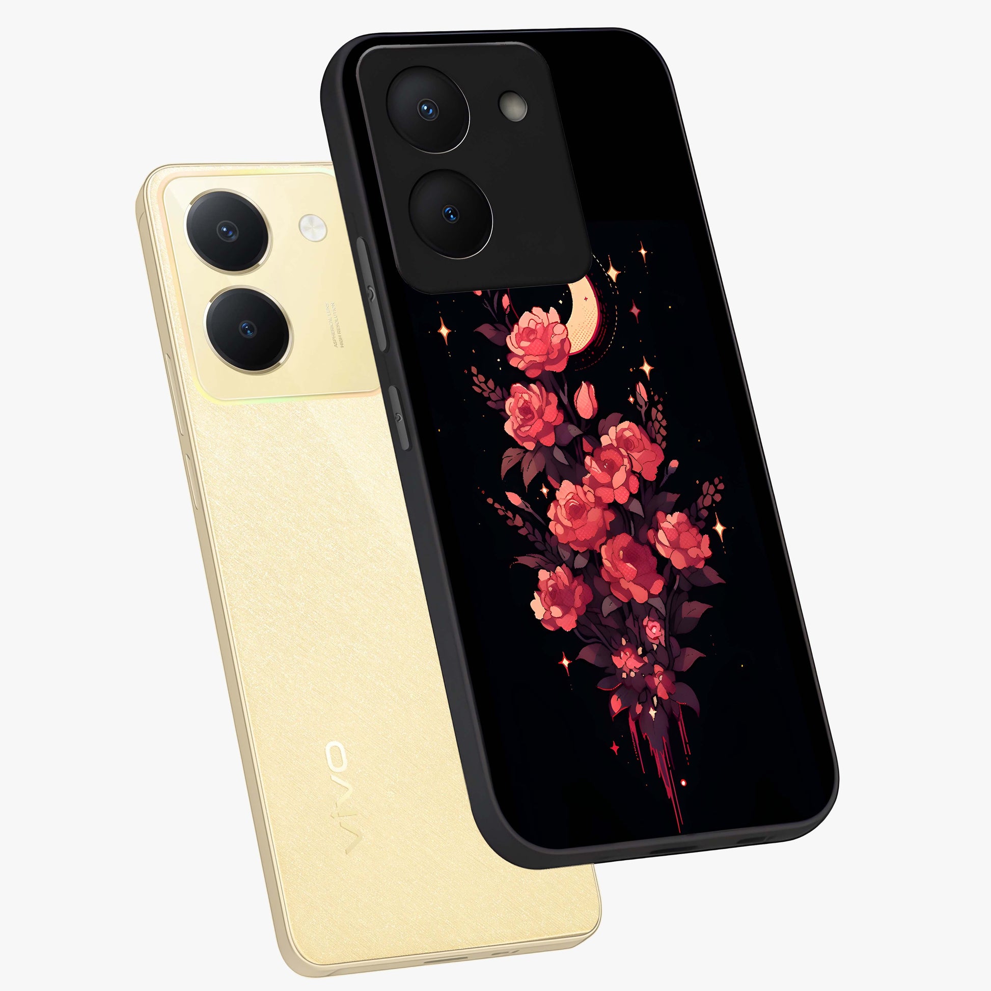 Moonlit Floral Elegance Glass Case displayed in angled mockup highlighting graceful flower design with soft moonlight aesthetic.