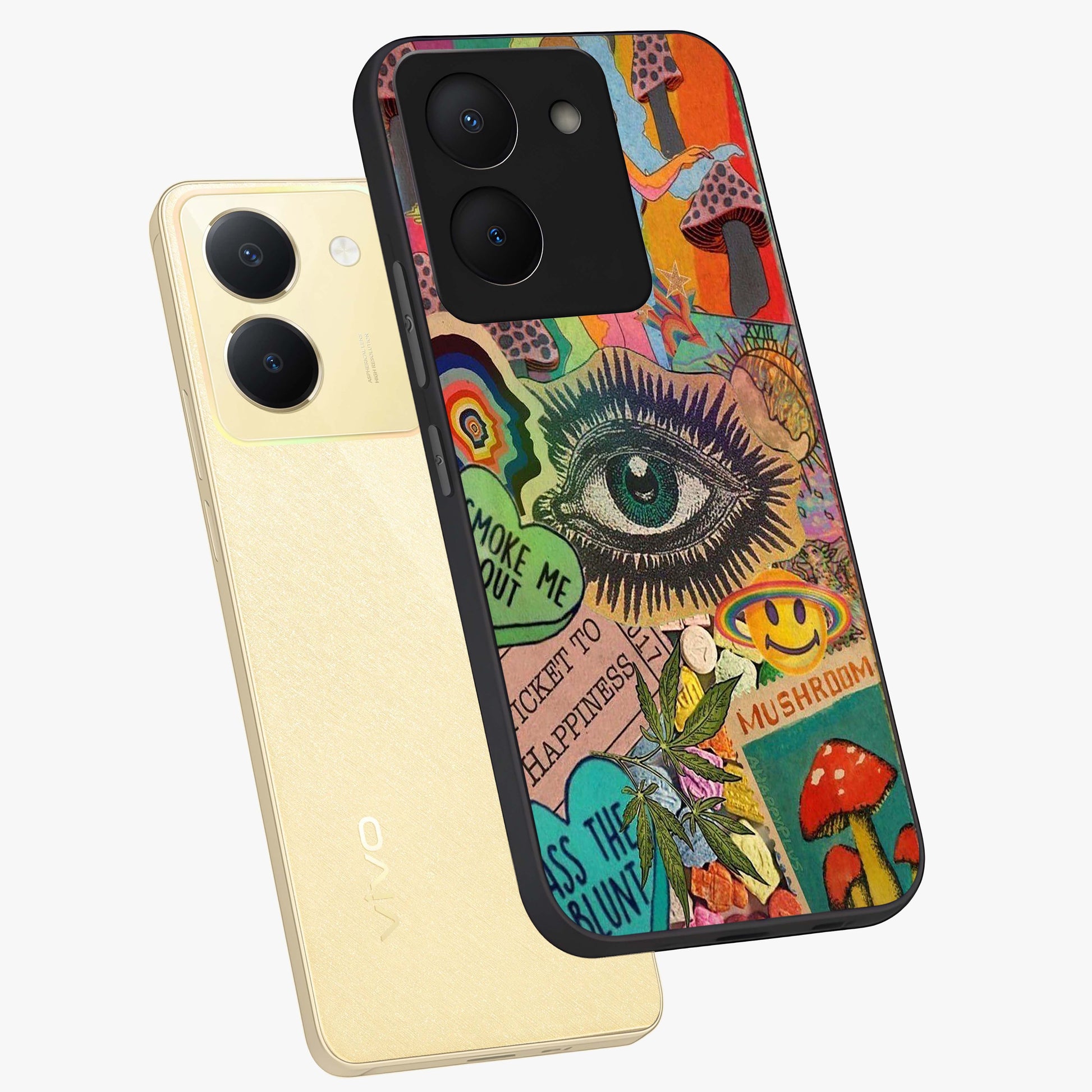 Mystic Eye Wonderland Glass Case displayed in angled mockup highlighting magical eye illustration with dreamy aesthetic.