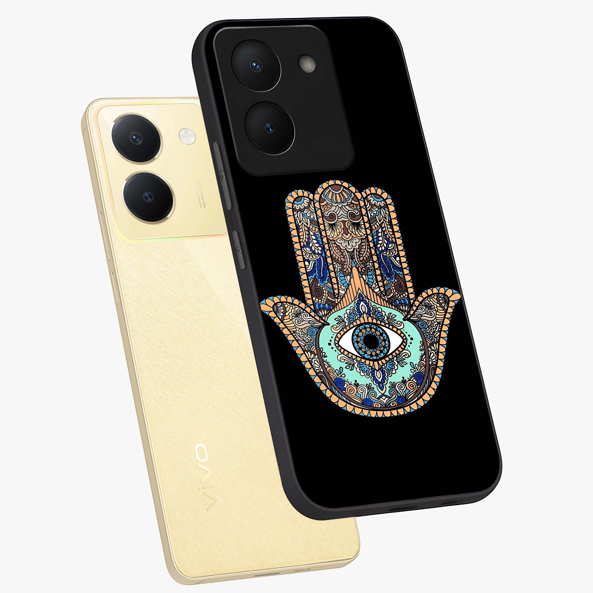 Mystic Hamsa Eye Glass Case displayed in angled mockup highlighting spiritual hamsa symbol with mystical aesthetic style.