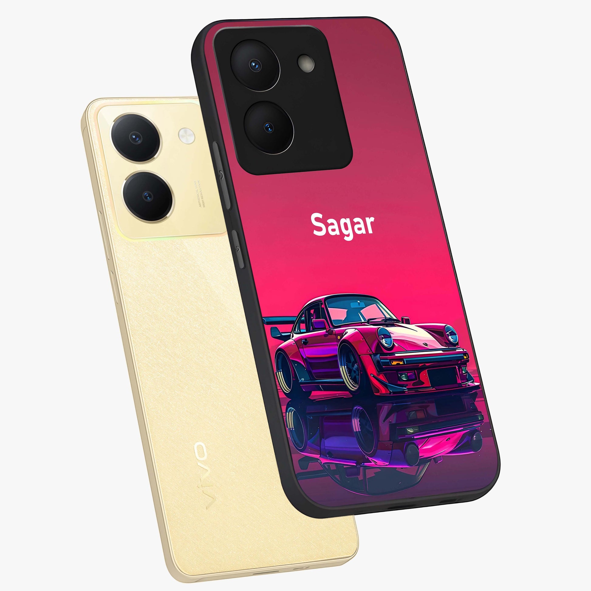 Neon Pink Porsche Glass Case displayed in angled mockup highlighting sleek neon pink car design with racing aesthetic.