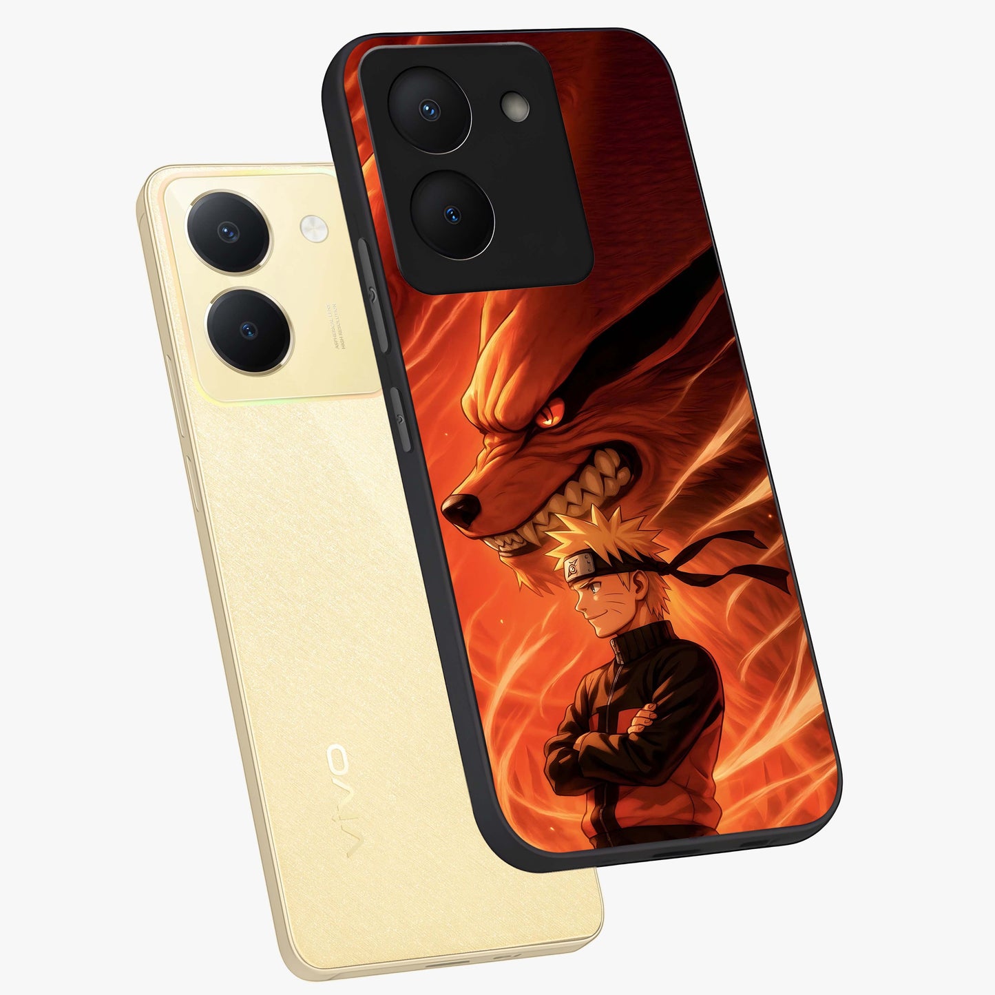 Nine Tails Legacy Glass Case displayed in angled mockup highlighting dynamic anime beast illustration with bold mystical aesthetic.