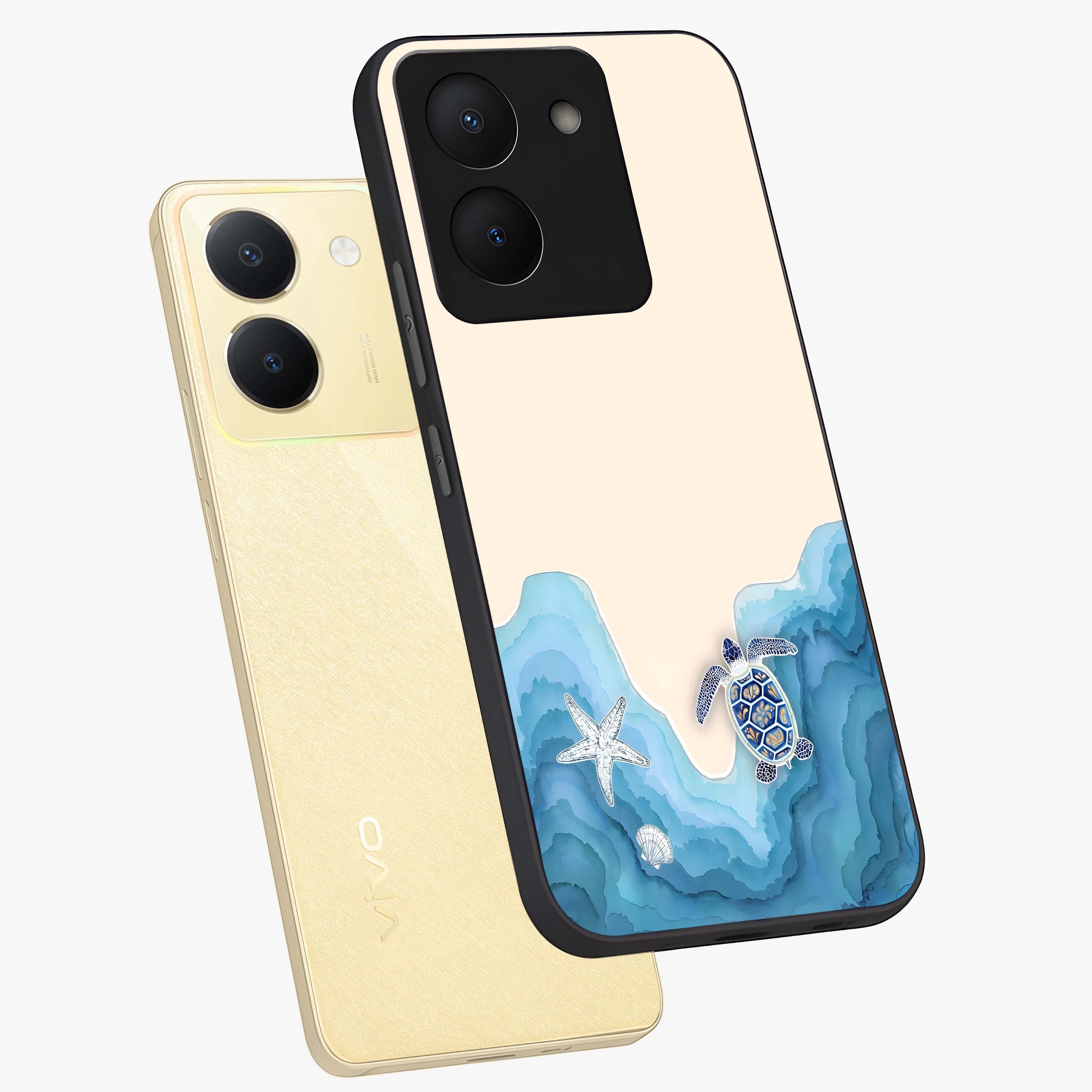 Ocean Drift Turtle Glass Case displayed in angled mockup highlighting peaceful ocean turtle illustration with marine aesthetic.
