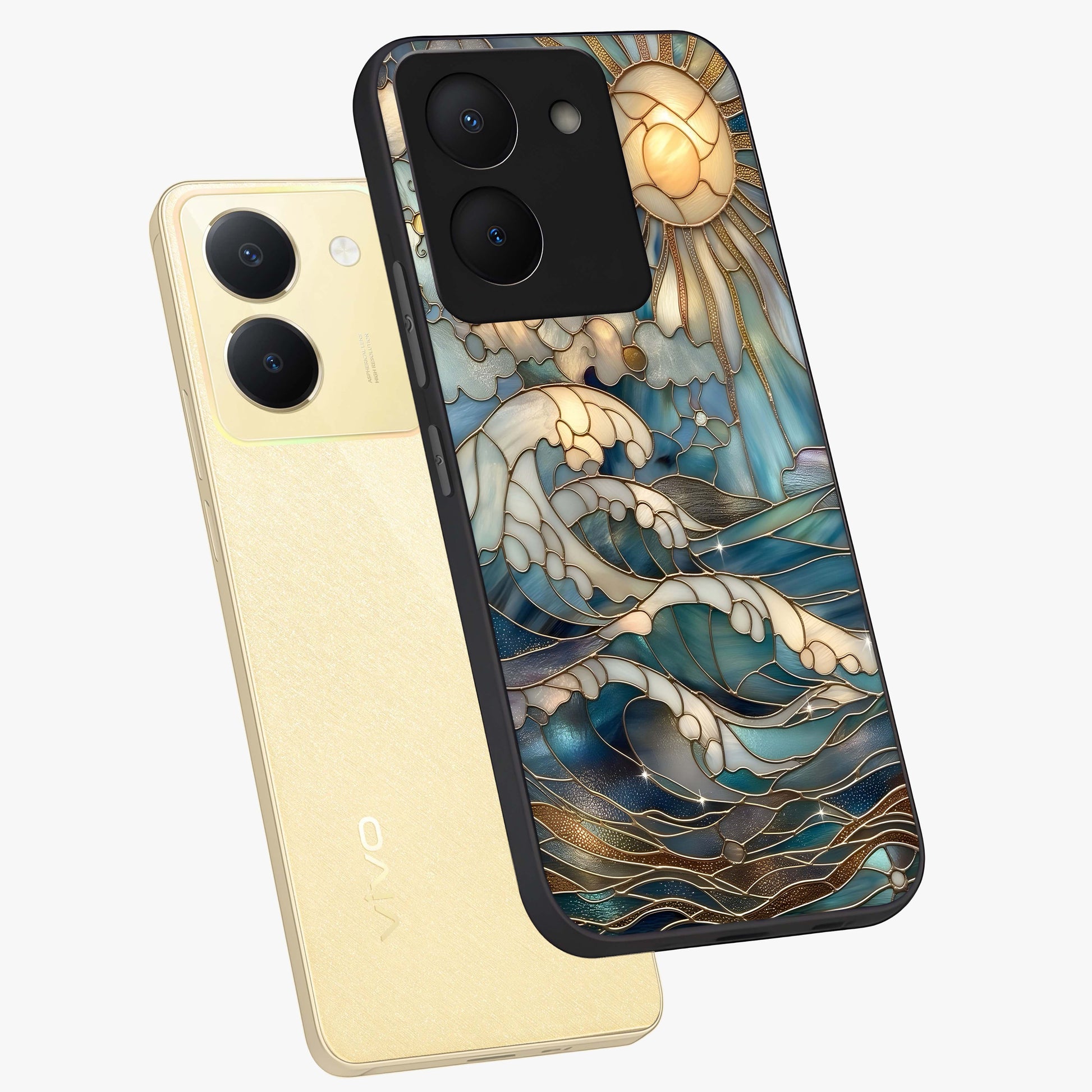 Oceanic Stained Printed Glass Case displayed in angled mockup highlighting colorful aquatic design with artistic aesthetic style.