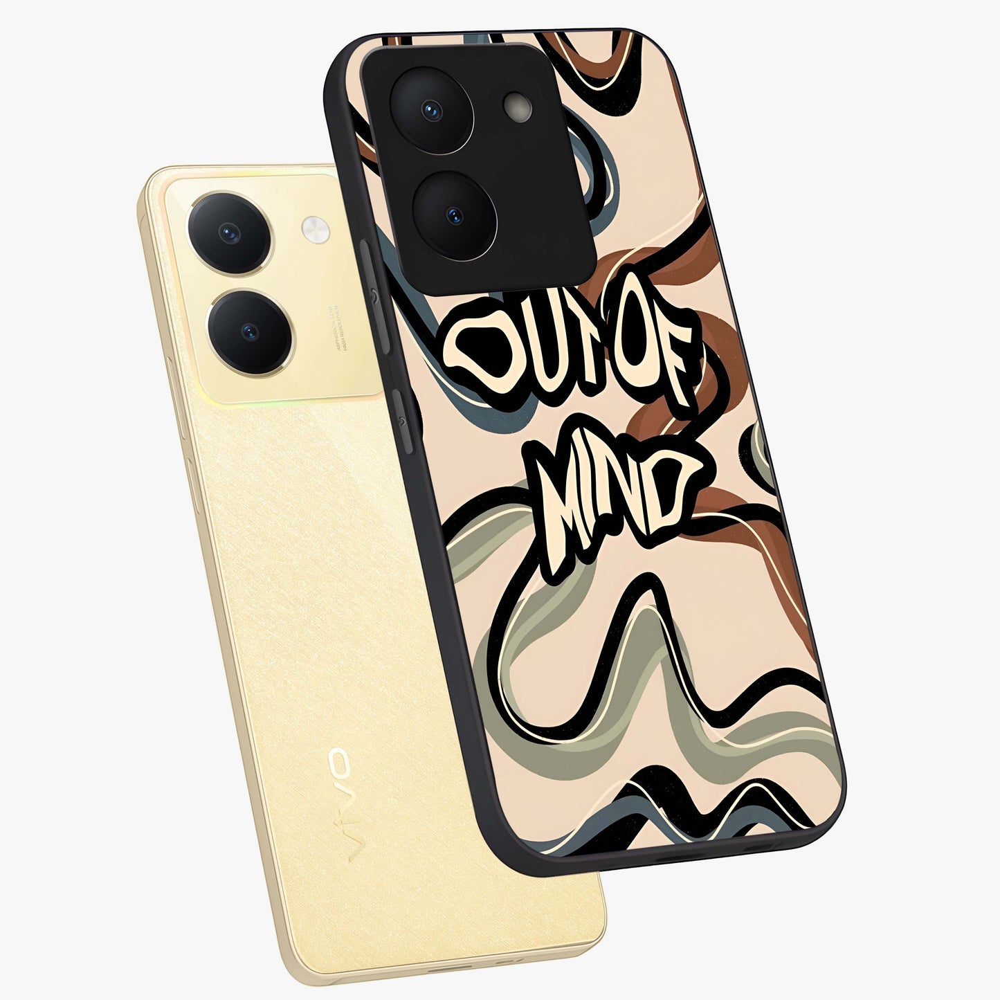 Out Of Mind Glass Case displayed in angled mockup highlighting bold statement design with modern artistic aesthetic.