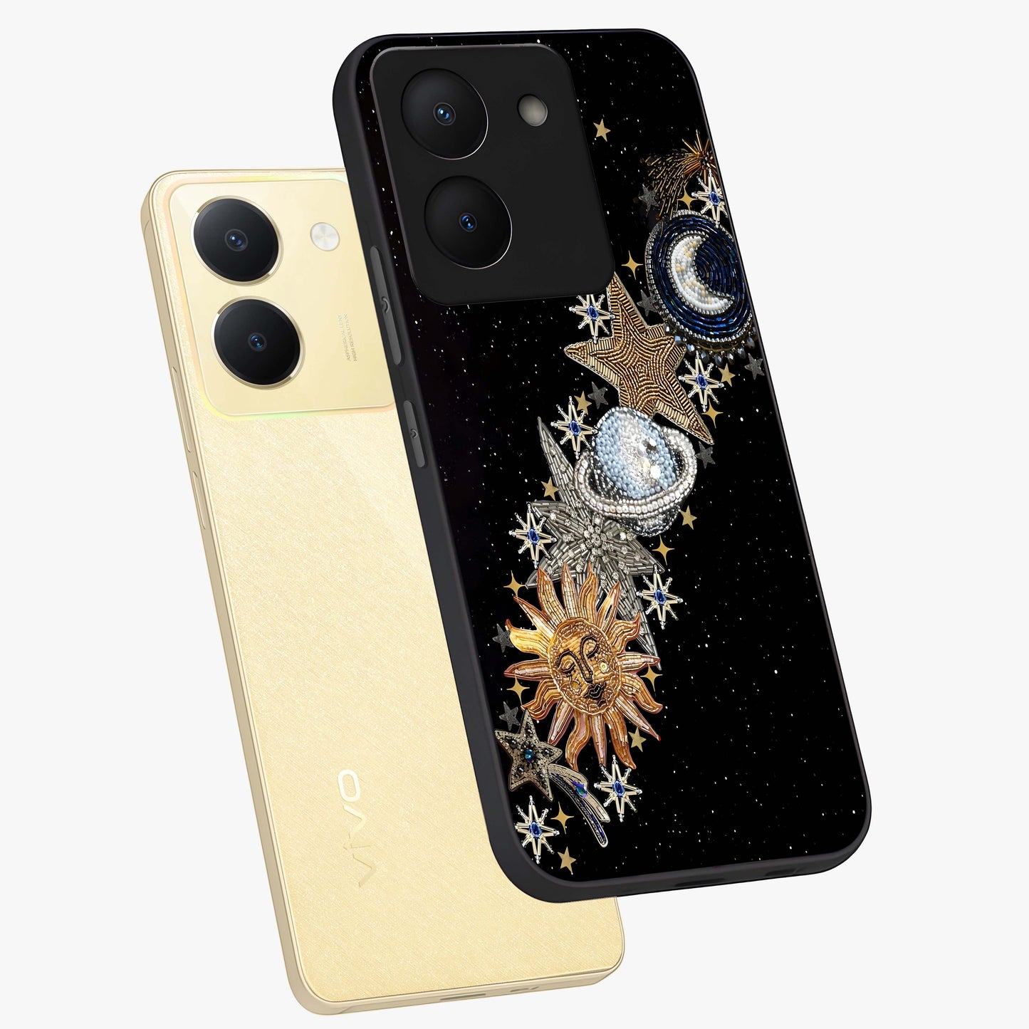 Pearls Universe Object Glass Case displayed in angled mockup highlighting celestial pearl design with dreamy aesthetic.