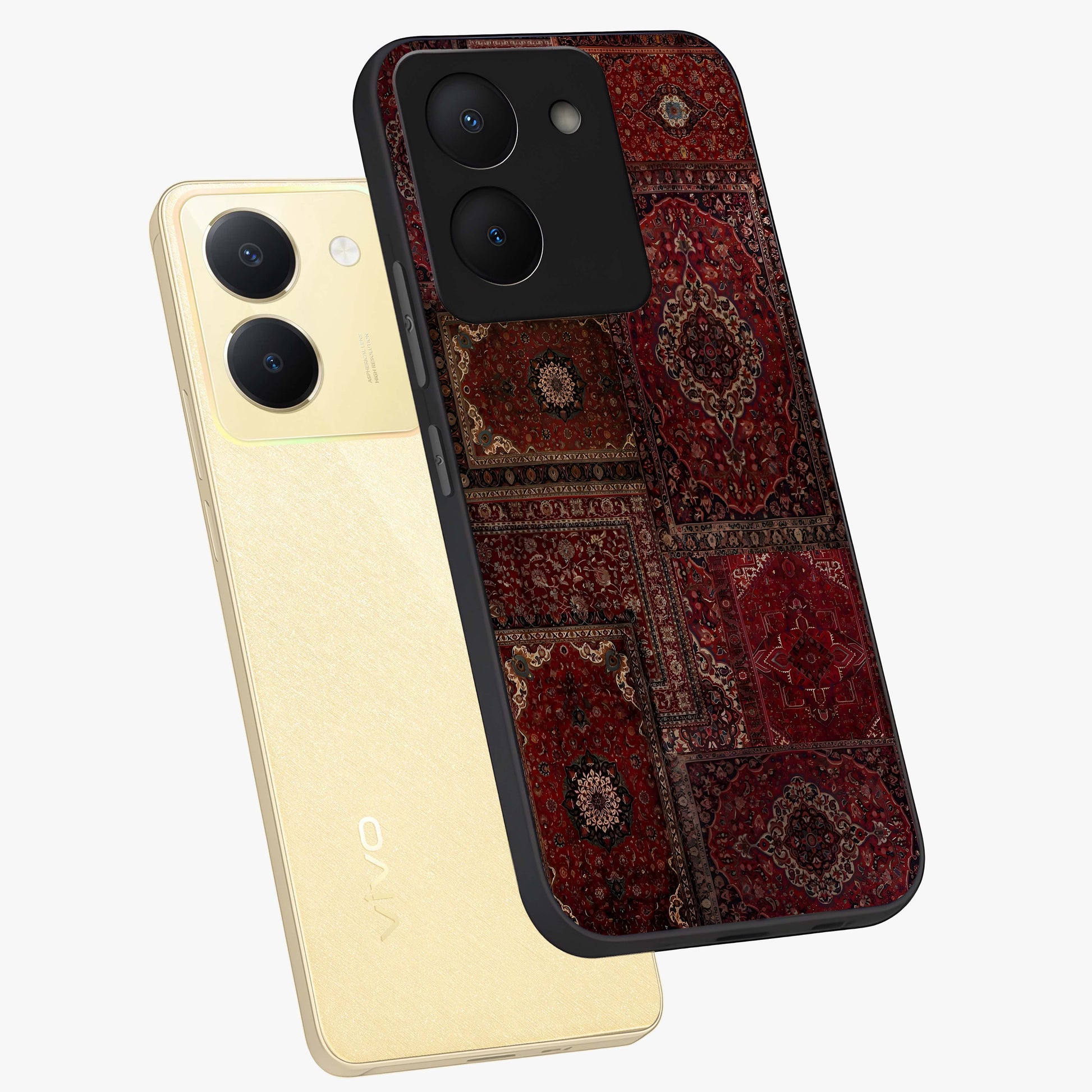 Persian Velvet Tale Glass Case displayed in angled mockup highlighting ornate textile inspired design with royal aesthetic.