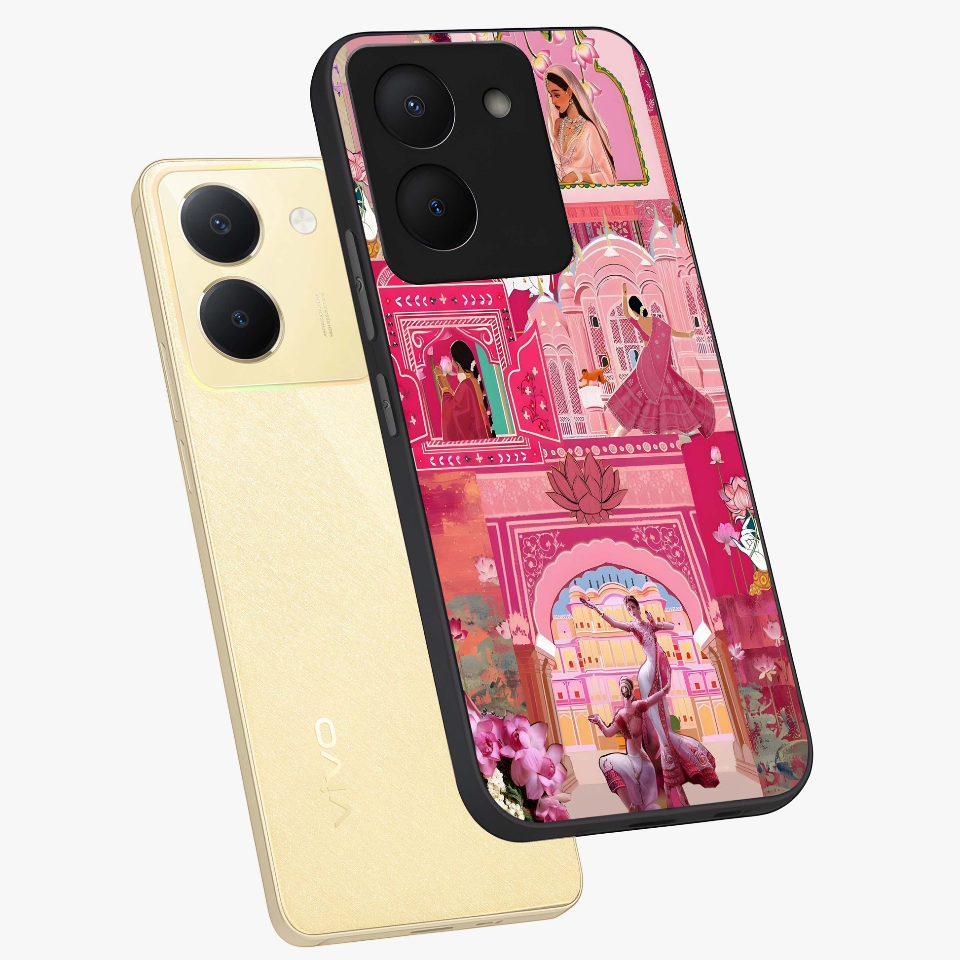 Pink Palace Muse Glass Case displayed in angled mockup highlighting dreamy palace illustration with soft pink aesthetic.