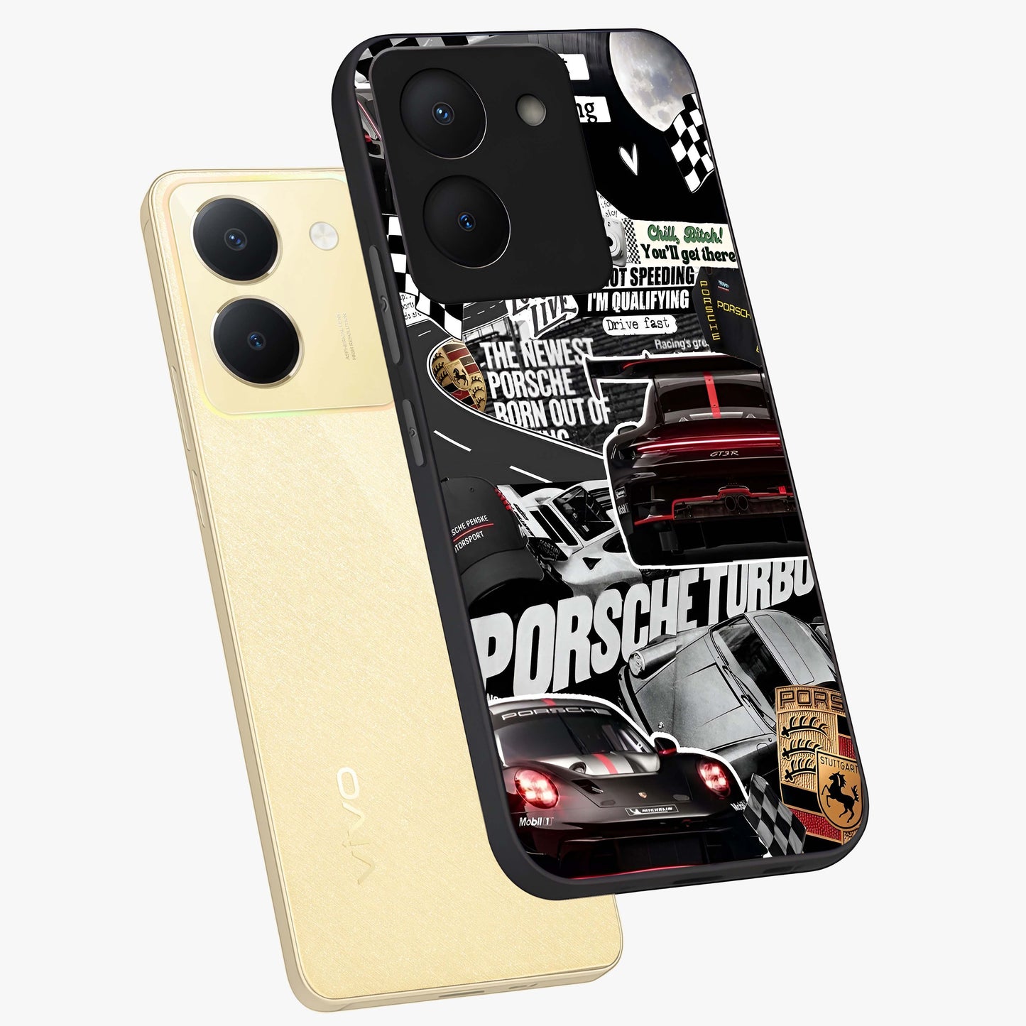Porsche Racing Collage Glass Case displayed in angled mockup highlighting dynamic automotive design with bold racing aesthetic.