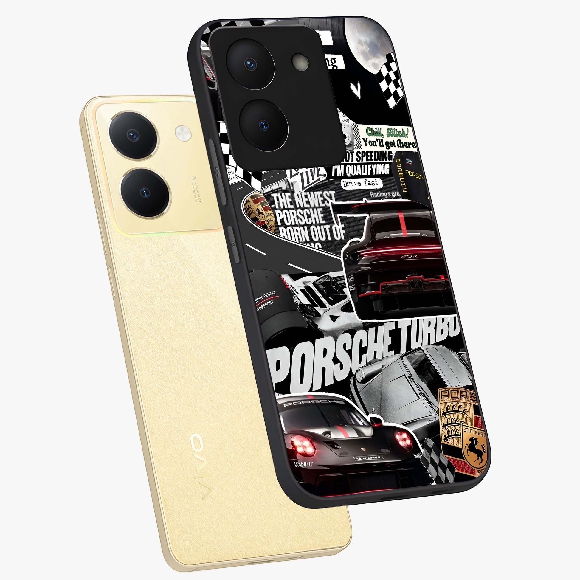 Porsche Racing Collage Glass Case displayed in angled mockup highlighting dynamic automotive design with bold racing aesthetic.