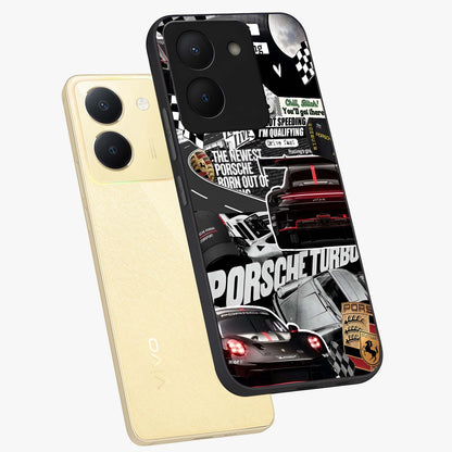 Porsche Racing Collage Glass Case displayed in angled mockup highlighting dynamic automotive design with bold racing aesthetic.