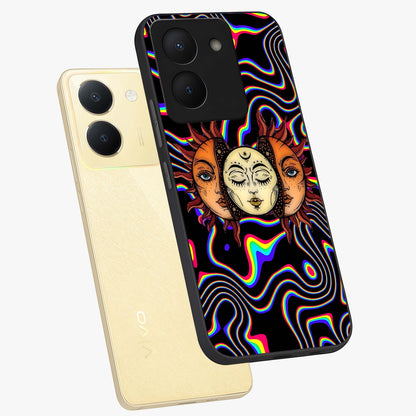 Psychedelic Sun Glass Case displayed in angled mockup highlighting vibrant abstract sun design with artistic aesthetic style.