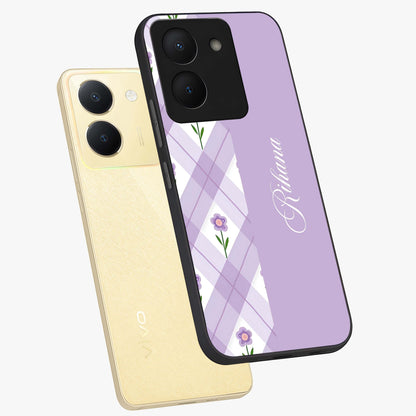 Purple Diamond Floral Glass Case displayed in angled mockup highlighting elegant purple flower design with decorative pattern.