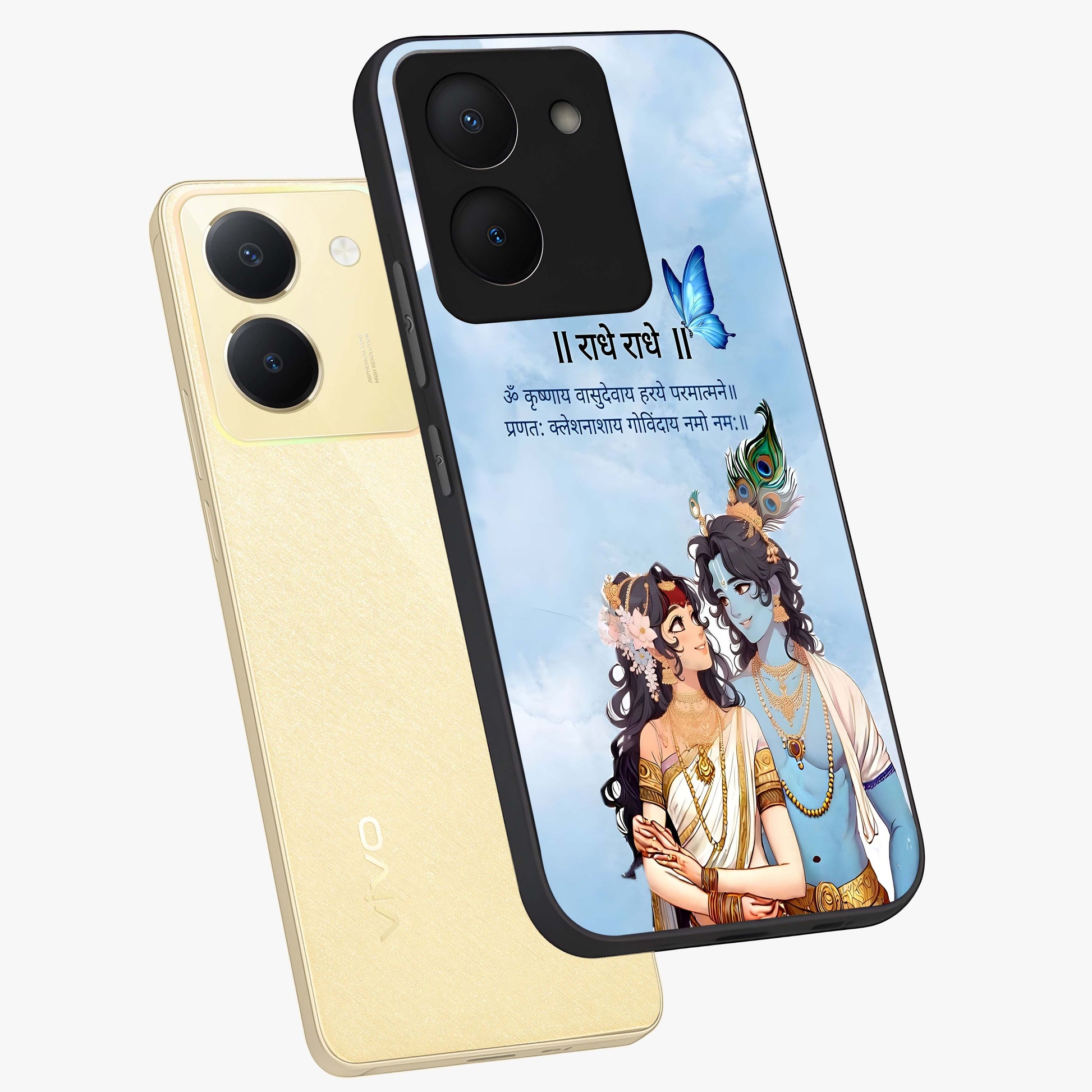 Radha Krishna Eternal Glass Case displayed in angled mockup highlighting divine Radha Krishna illustration with spiritual aesthetic.