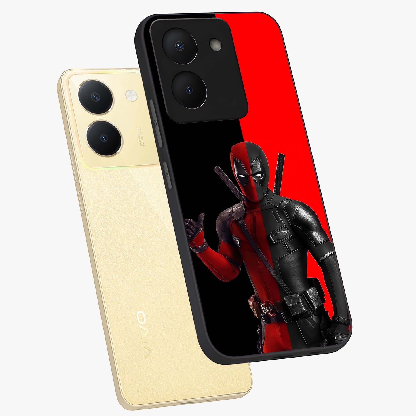 Red & Black Deadpool Theme Glass Case displayed in angled mockup highlighting vibrant superhero style illustration with action aesthetic.
