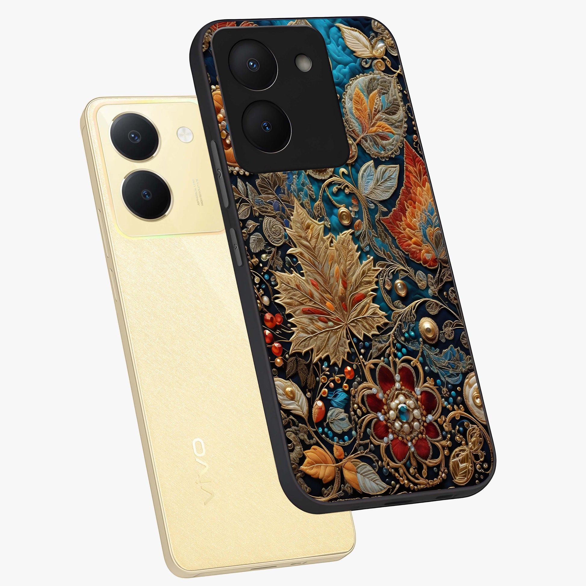 Royal Jewel Garden Glass Case displayed in angled mockup highlighting vibrant jewel inspired floral design with elegant aesthetic.