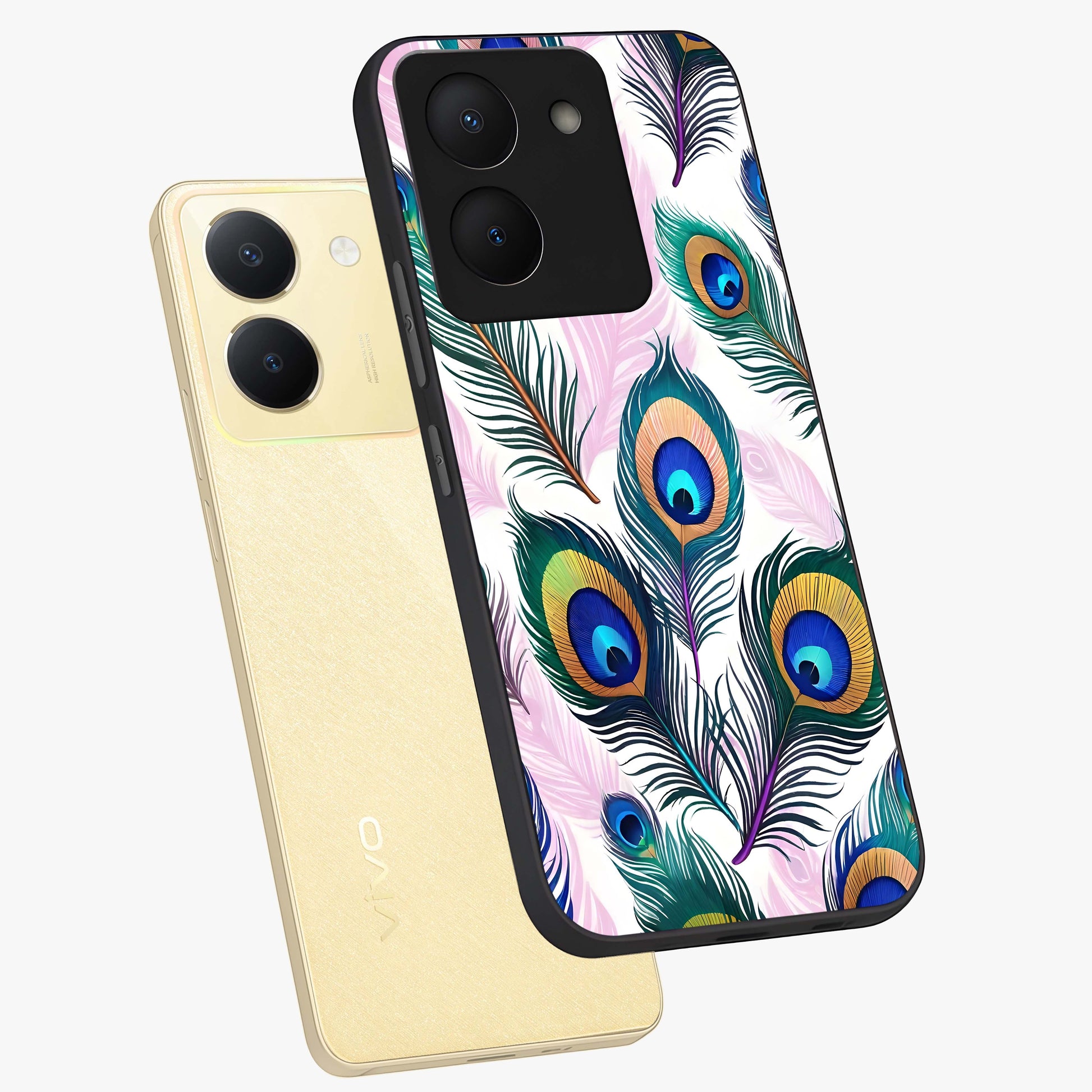 Royal Peacock Feathers Glass Case displayed in angled mockup highlighting vibrant feather pattern with regal aesthetic style.