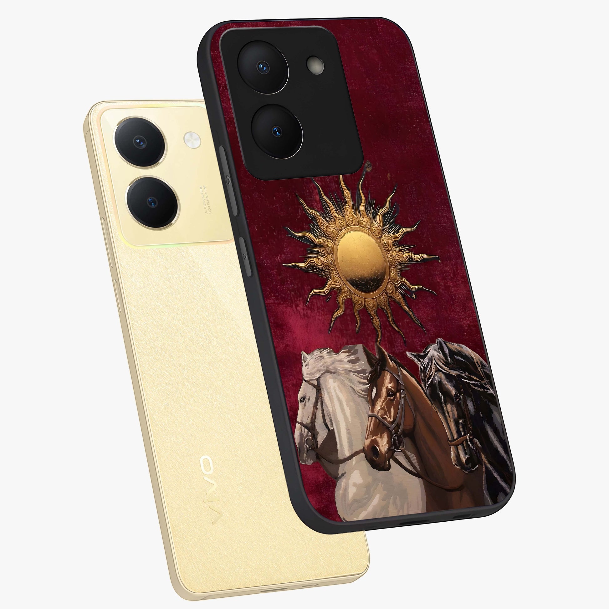 Solar Riders Glass Case displayed in angled mockup highlighting powerful rider illustration with radiant solar aesthetic.
