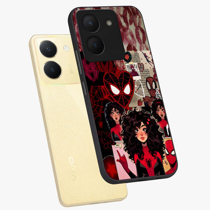 Spider Love Story Glass Case displayed in angled mockup highlighting expressive comic inspired design with playful aesthetic.