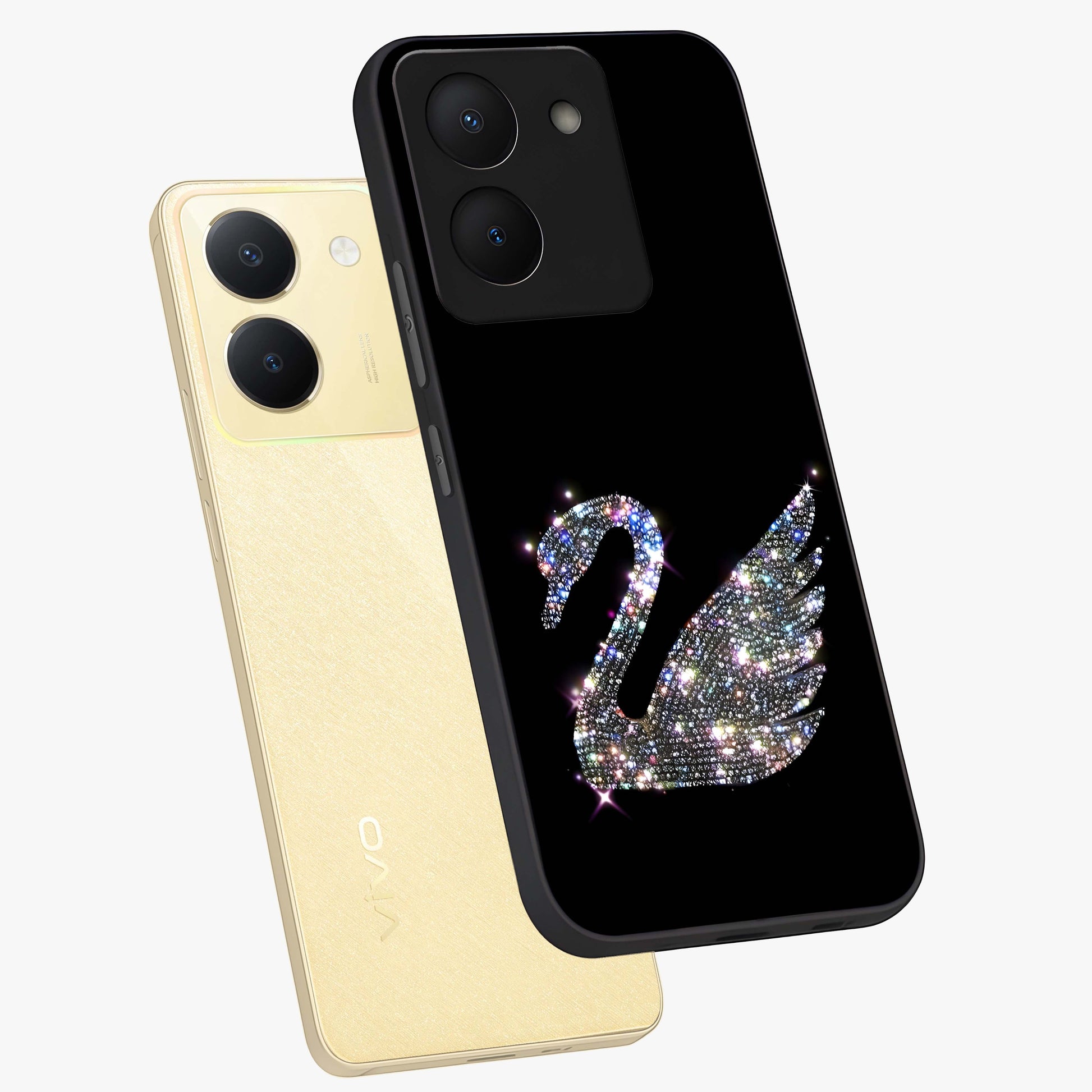 Starlit Swan Grace Glass Case displayed in angled mockup highlighting elegant swan illustration with dreamy celestial aesthetic.