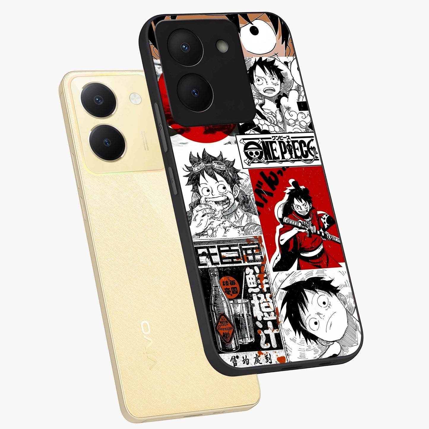 Strawhat Chaos Panels Glass Case displayed in angled mockup highlighting vibrant anime collage design with action aesthetic.