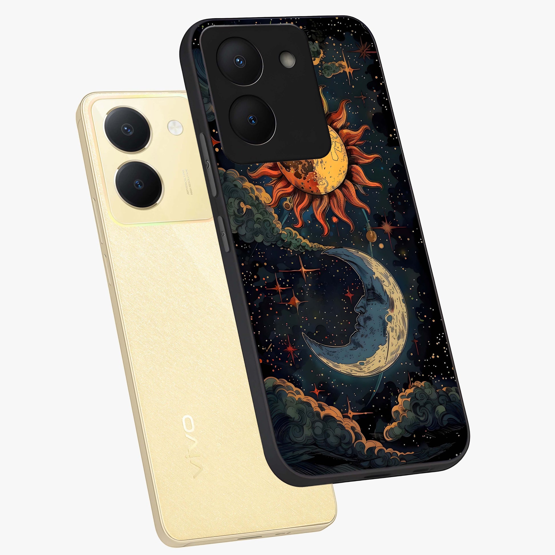 Sun And Moon Magic Design Glass Case displayed in angled mockup highlighting celestial design with magical cosmic aesthetic.
