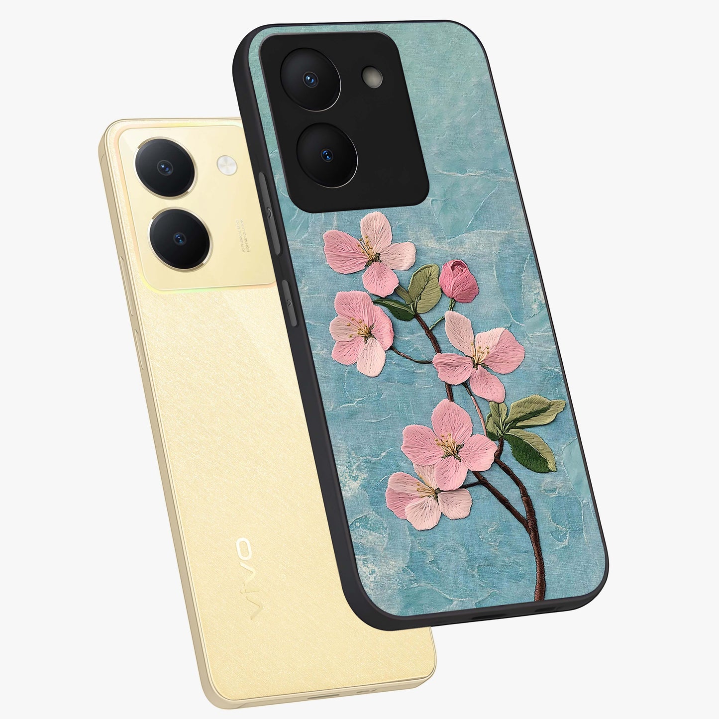 Threaded Blossom Breeze Glass Case displayed in angled mockup highlighting elegant floral design with soft aesthetic style.