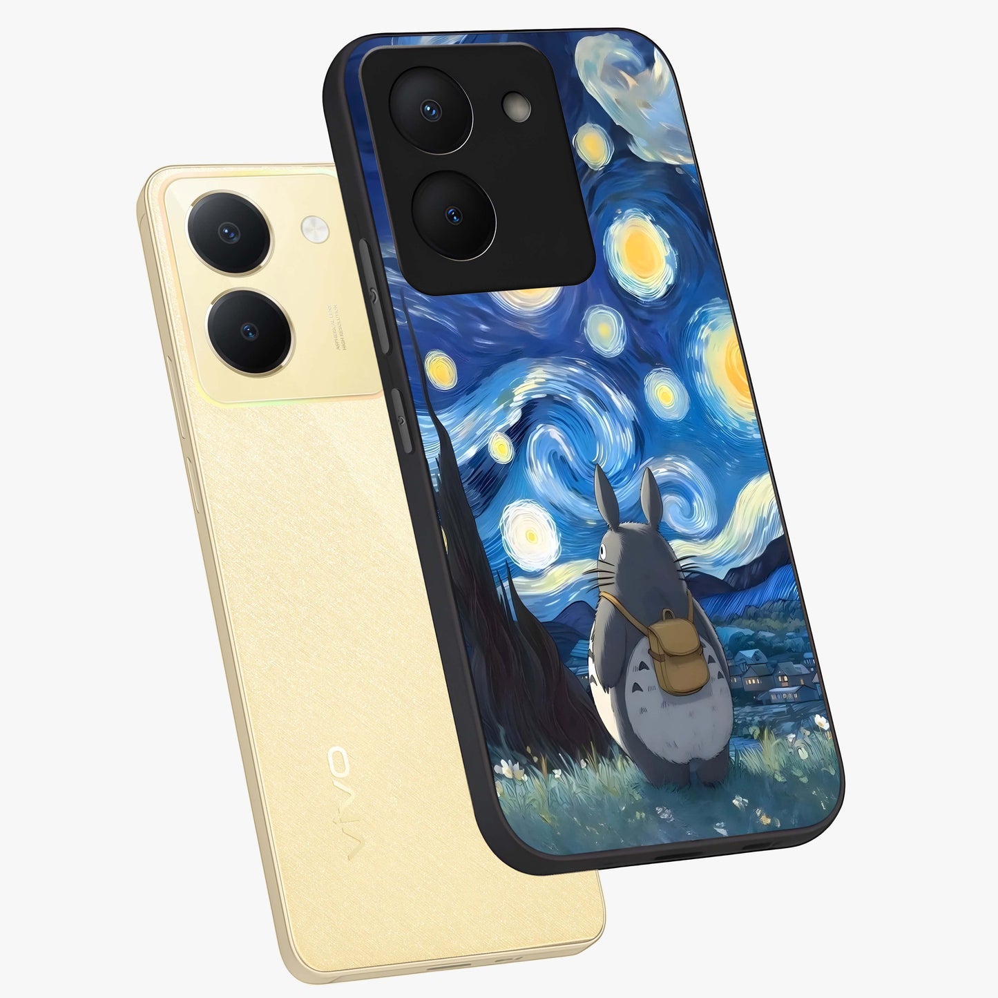 Totoro In Van Gogh Art Glass Case displayed in angled mockup highlighting artistic swirling sky design with playful animation aesthetic.